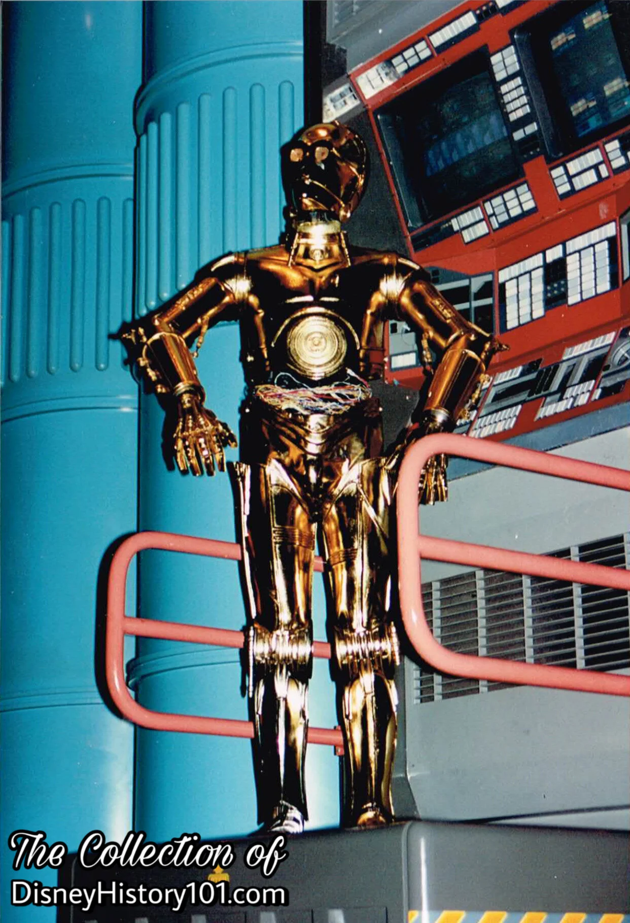 C-3PO runs diagnostics on a StarSpeeder 3000 transport craft in The Spaceport.