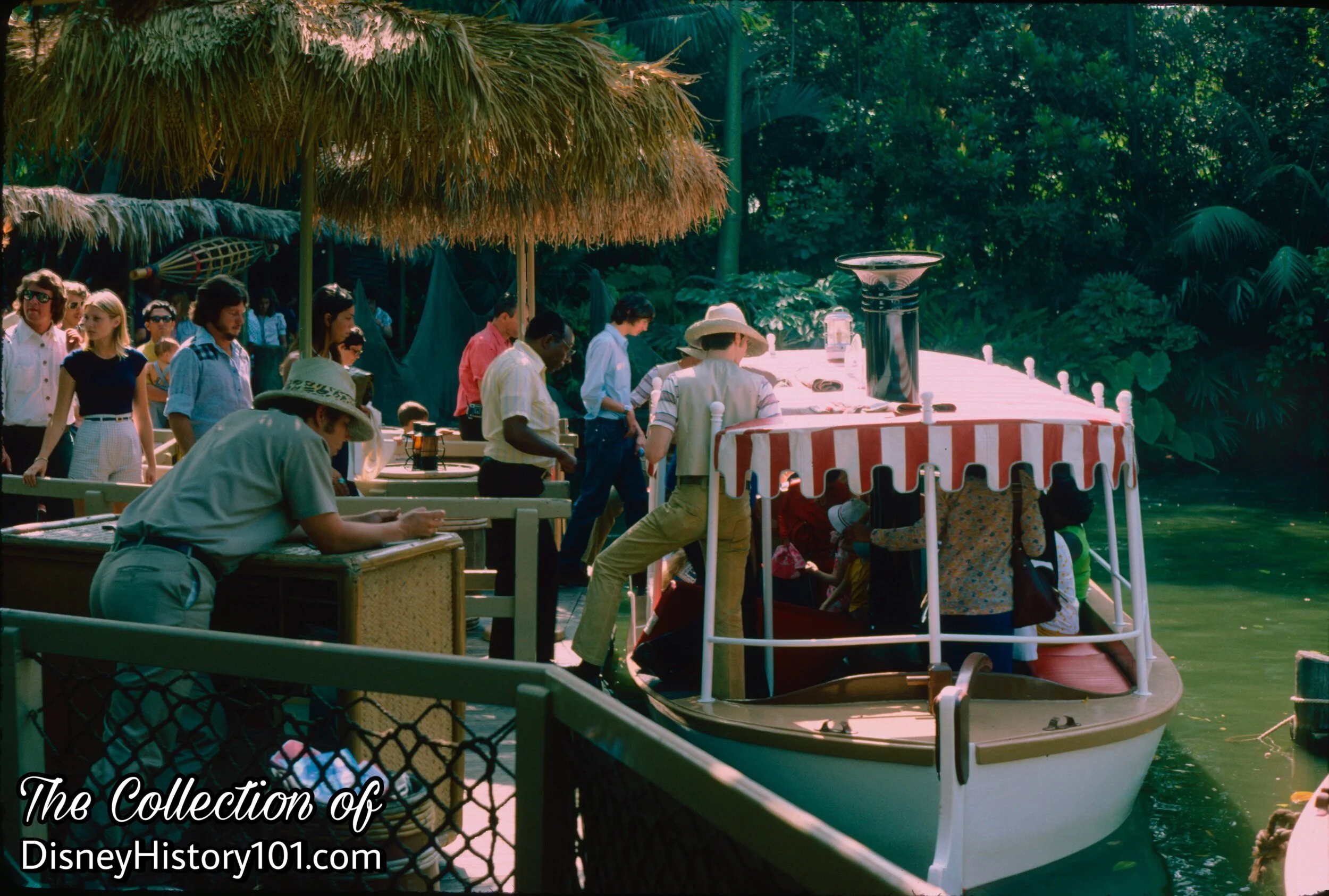 The Jungle Cruise Loading Dock, where Guests step aboard at two entrances along the port side, c. August, 1975.