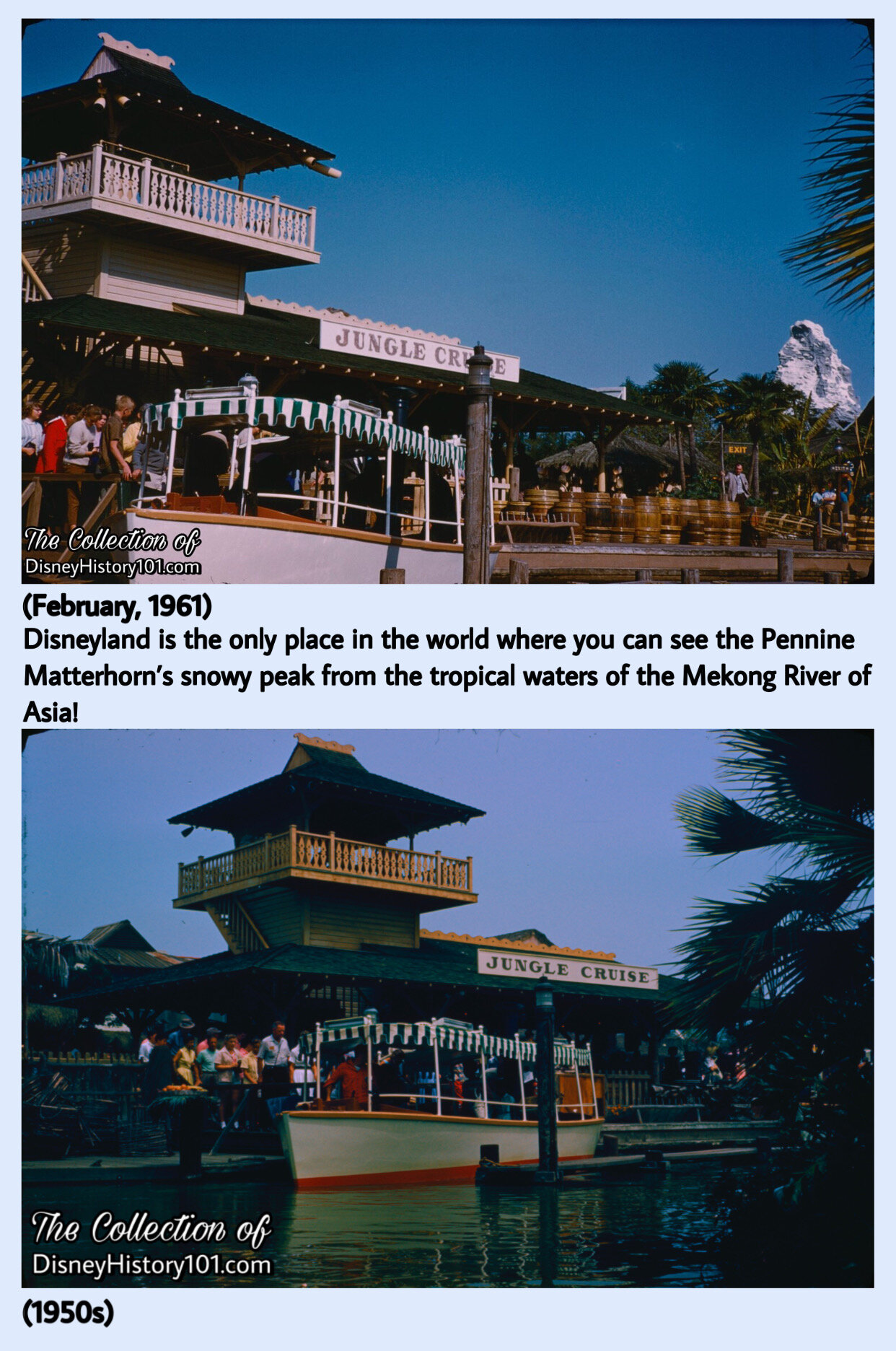  This original two-story Victorian  Boathouse  was a constant feature along the  Rivers of the World  from 1955 to 1961. It was replaced with a one-story entrance during the installation of the Swiss Family Robinson Treehouse and refitting of the Jun
