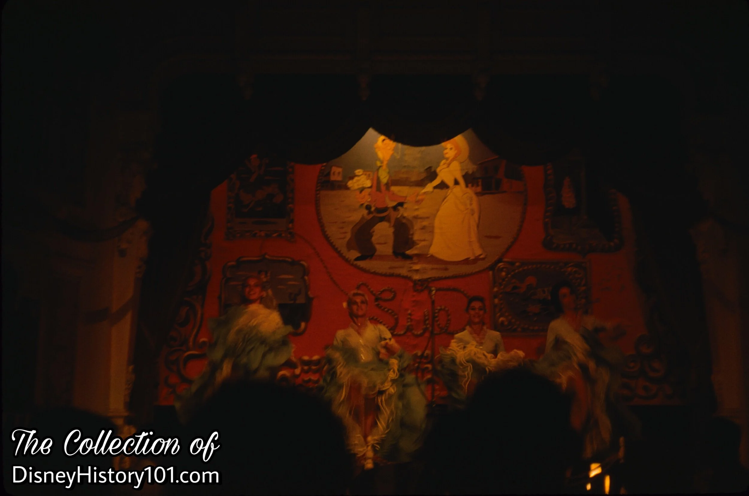 Dancers in front of the Marc Davis-designed backdrop, 1950s.