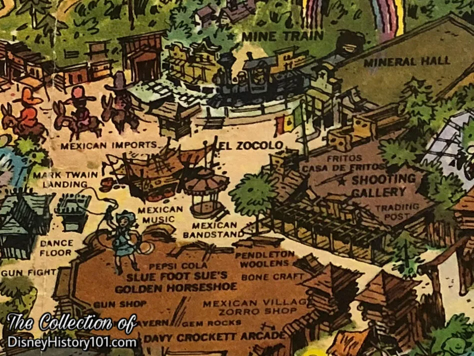 Sam McKim Disneyland Map Excerpt depicts the two structures of El Zocalo, (c. 1960s)