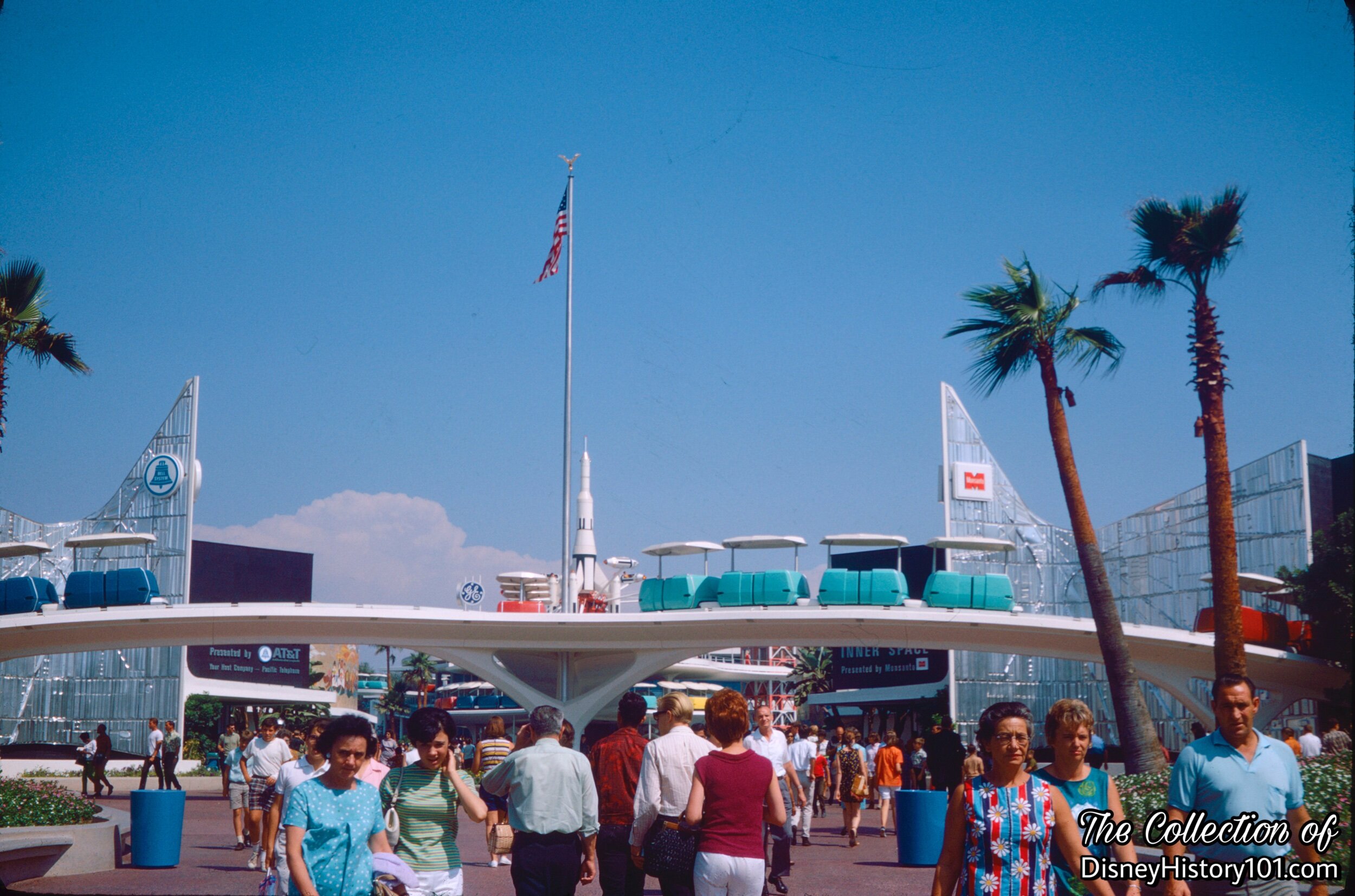 The "sweeping, ribbon-like PeopleMover guideway supported by graceful, symmetrical pylons, 1967.