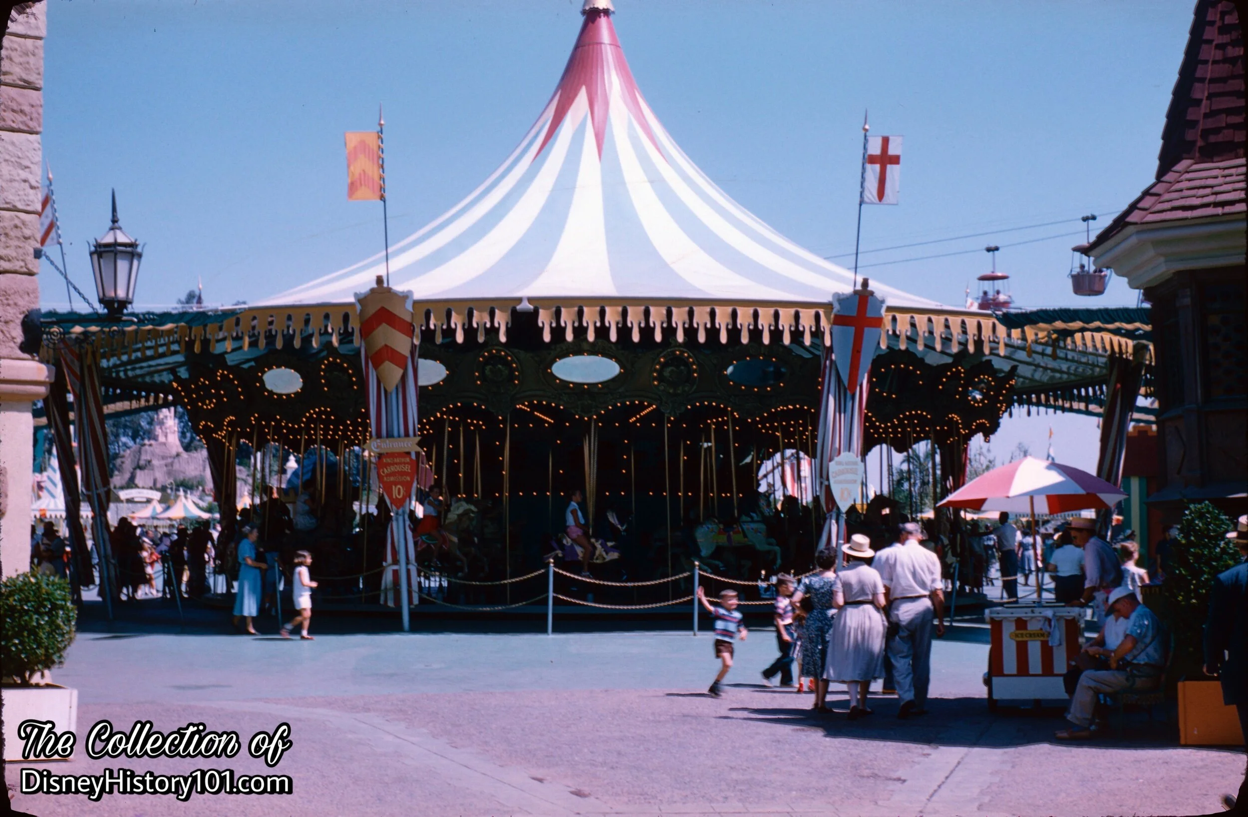 Banners of knights wave from the spears of King Arthur Carousel in the Castle Courtyard.