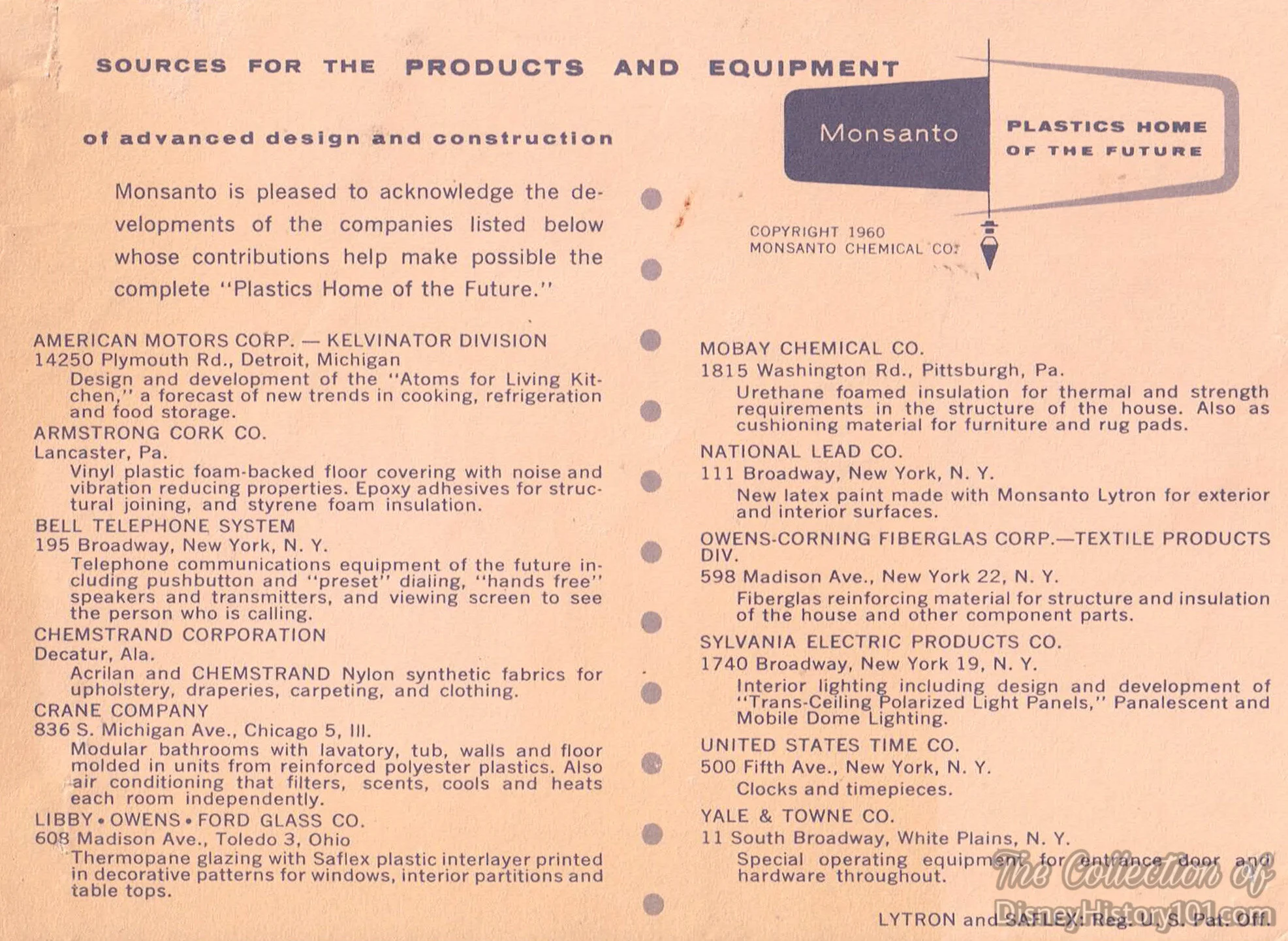 Sources For The Products and Equipment, (1960)