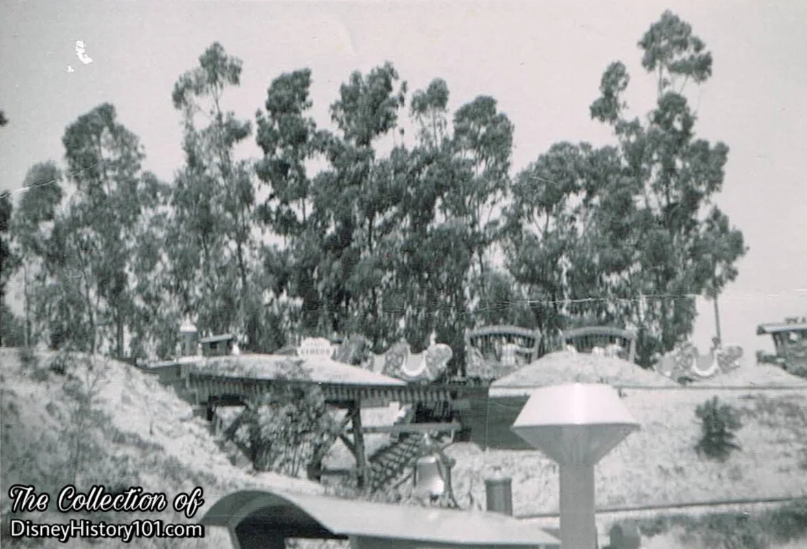 Two Casey Junior Circus Trains pass near the out-of-scale eucalyptus tree “wind break,” August, 1955.