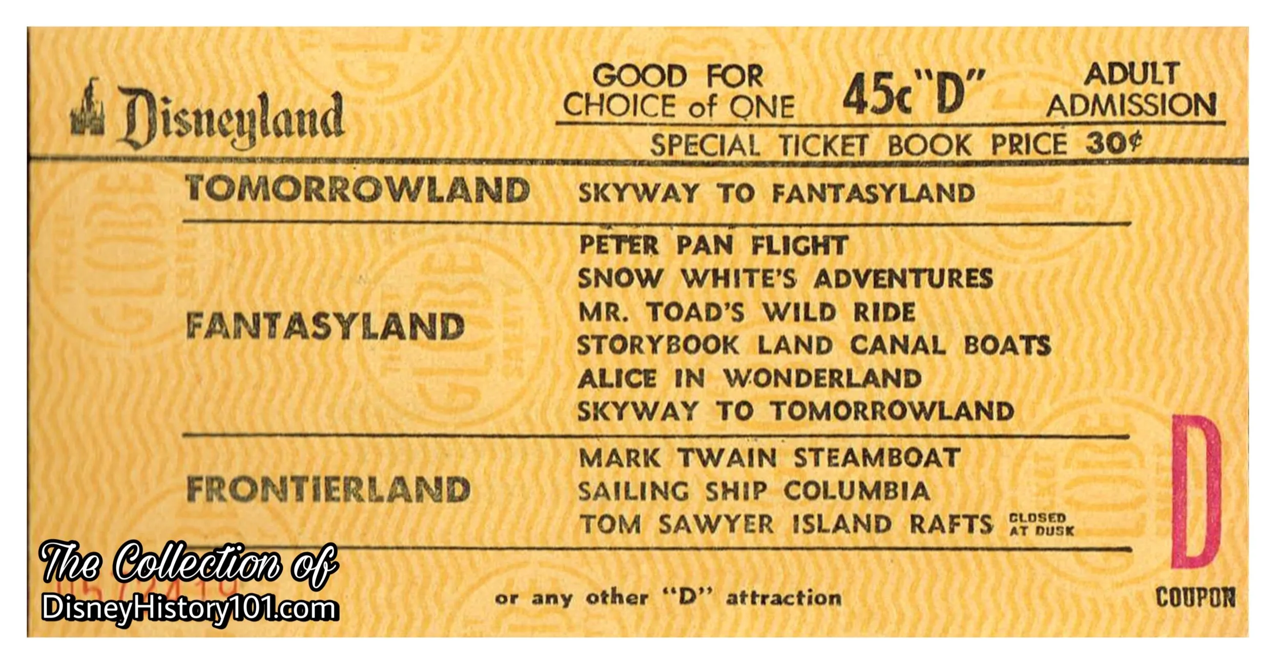 Disneyland "D" Coupon, Summer, 1960.