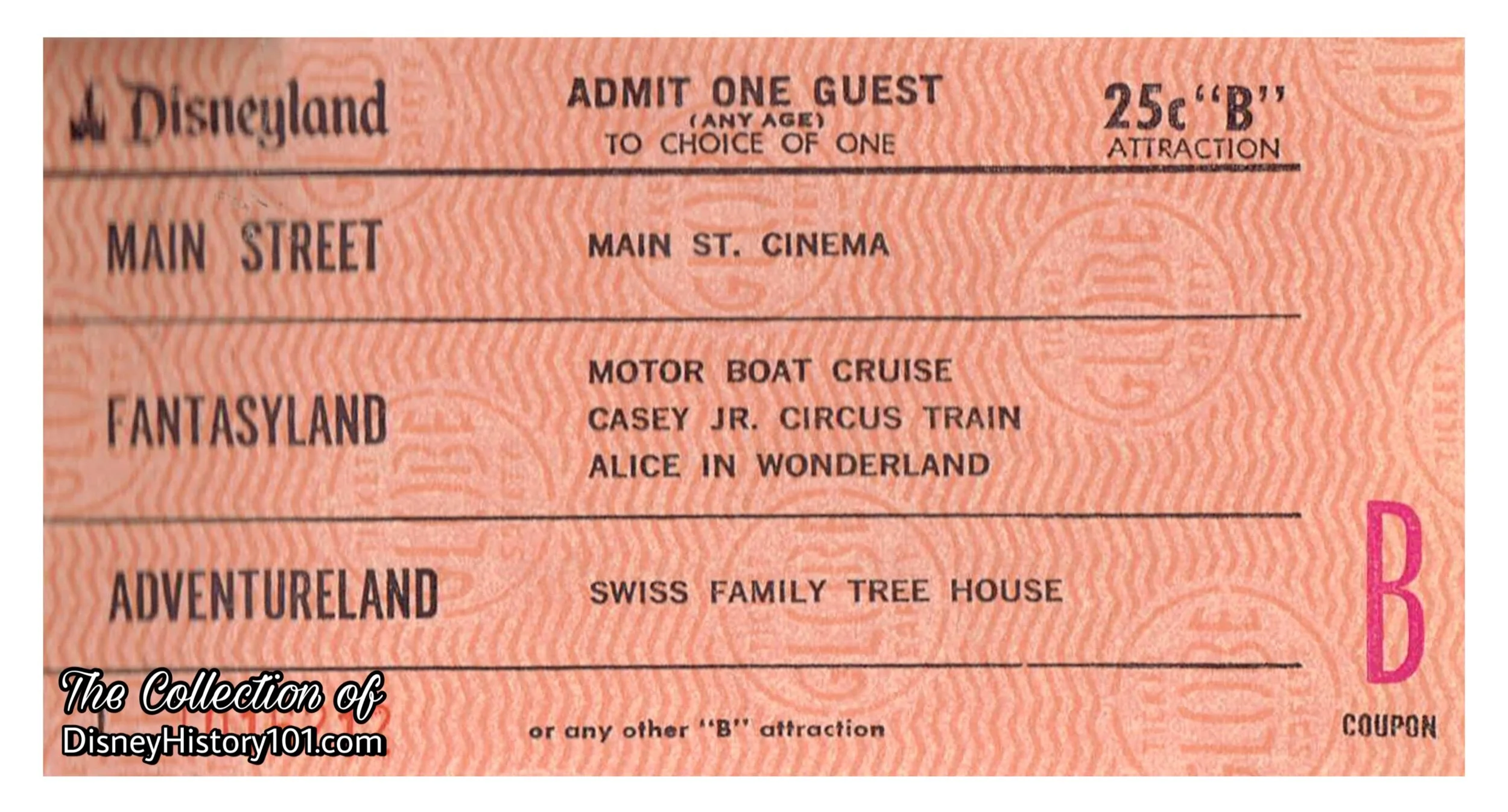 Disneyland “B” Attraction Guest  Admission Coupon, 25¢ Value, (c. Summer, 1972)