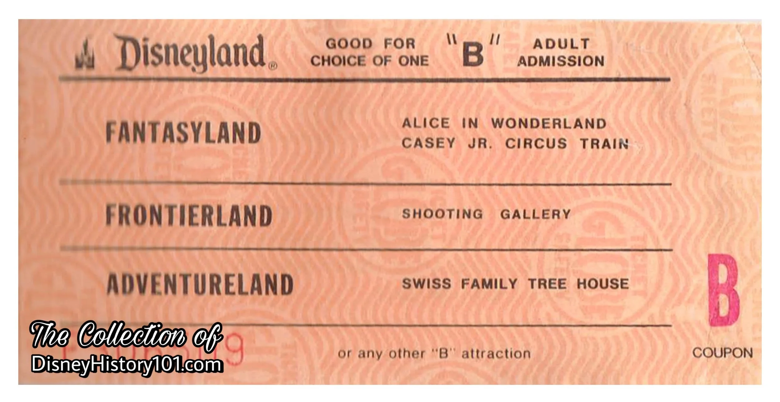 Disneyland “B” Attraction Adult Admission Coupon, No Cash Value
