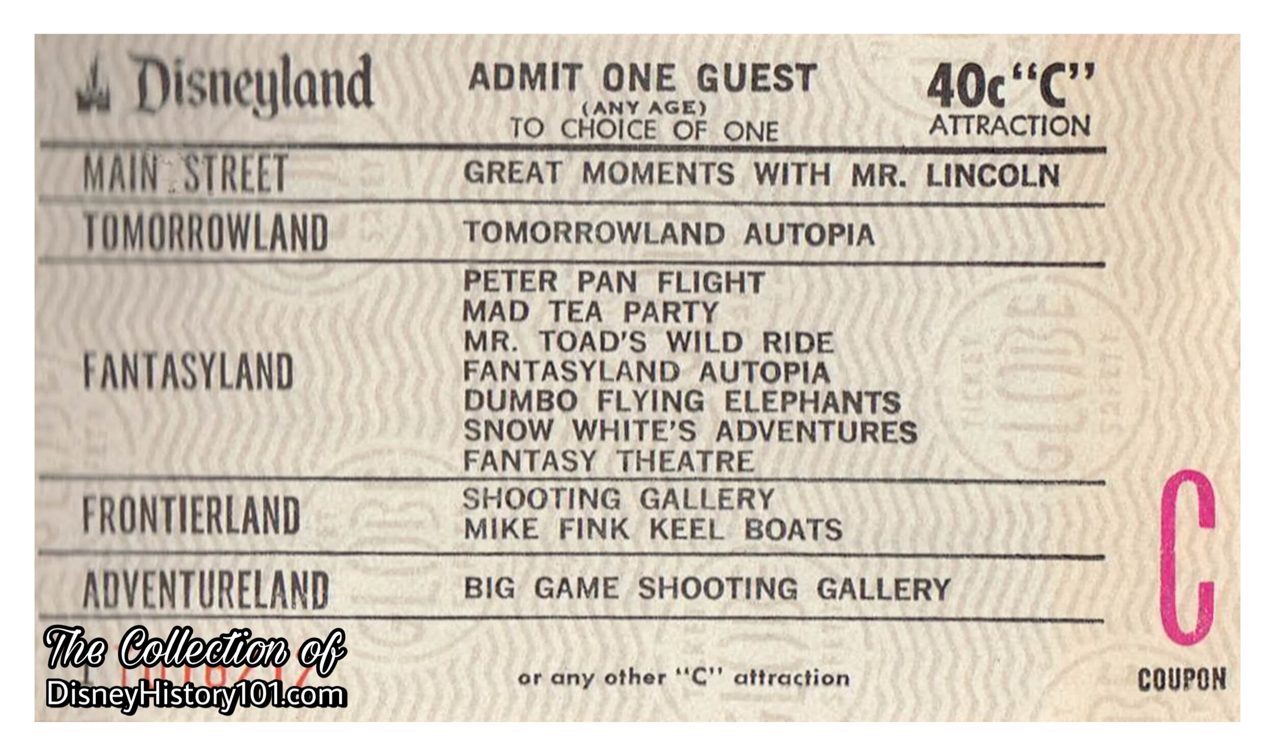 Disneyland "C" Attraction Guest Coupon, Mid-1960s
