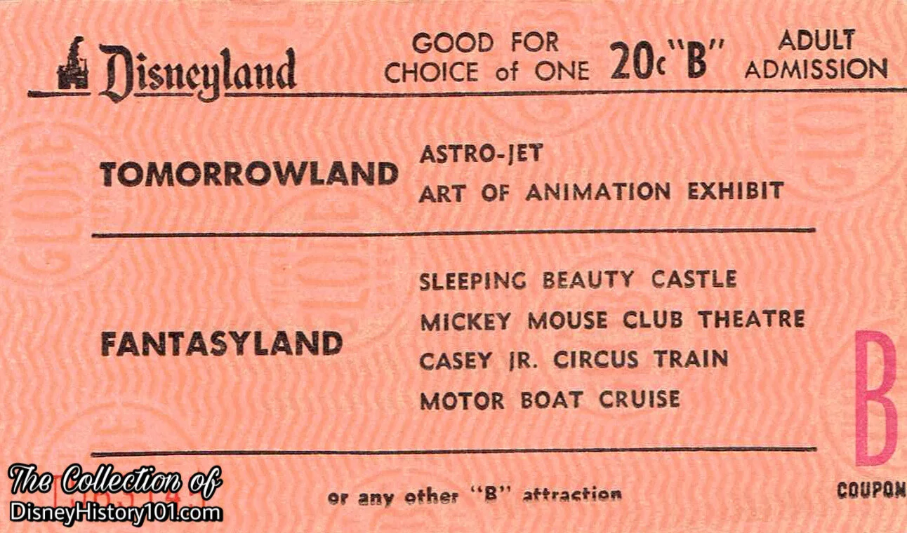 Disneyland "B" Attraction Adult Coupon (20¢ Value), Summer, 1960.