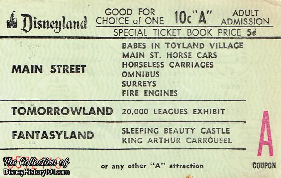 Disneyland "A" Adult Admission Coupon (10¢ Value), December 1961 - September 1963.