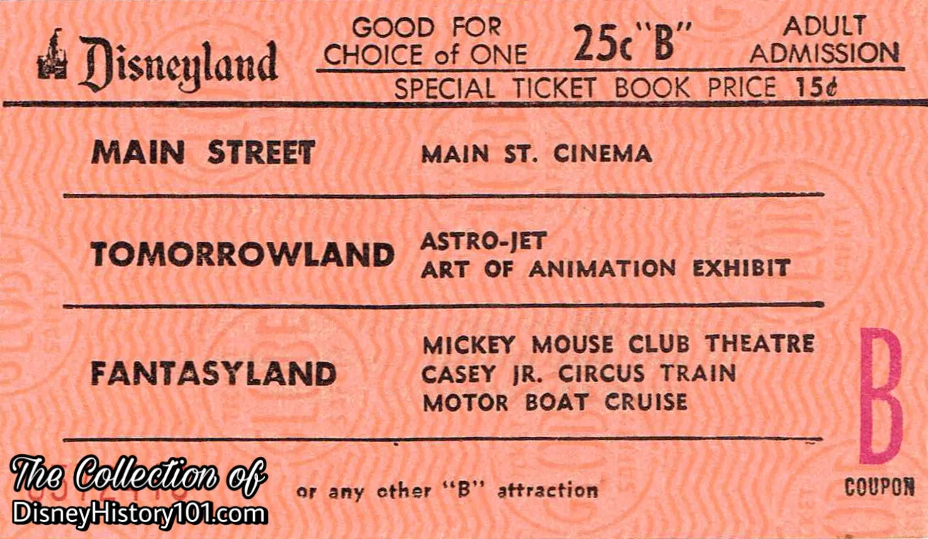 Disneyland “B” Attraction Adult Coupon (25¢ Value), (May 28, 1960 - August, 1964)