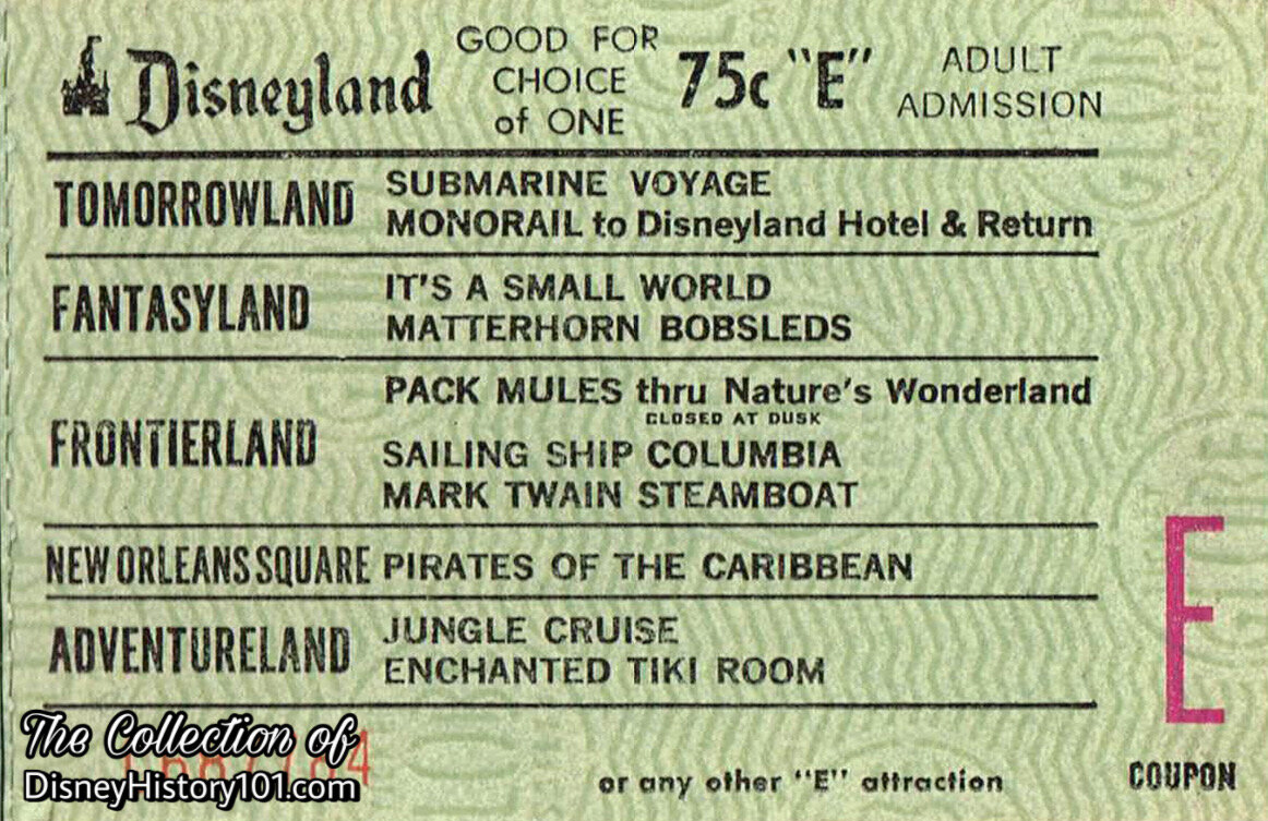 In 1965, the price of admission for circling above Disneyland on the transportation system of tomorrow was exactly one “E” coupon, or 75¢ for adults and 65¢ for children. Speaking of prices… In 1965 the Disneyland Railroad and Monorail grossed $2,