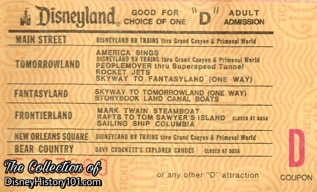  By 1973, the Davy Crockett Explorer Canoes’ admission was still one “D” coupon (no cash value). 