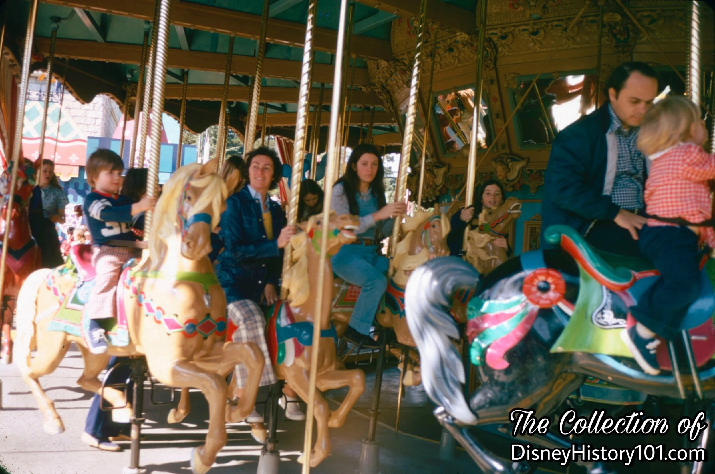 Guests ride astride 1 of 72 horses on King Arthur Carousel.