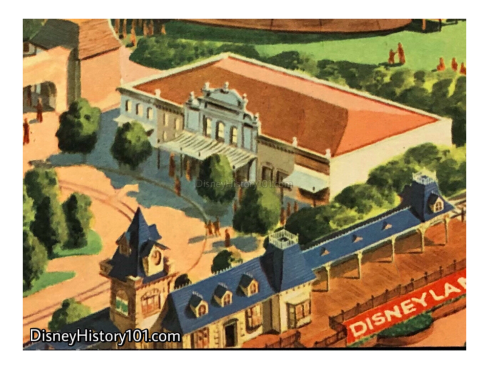   Pictured Above : Mattel “Disneyland Musical Map” Record Set Illustration, 1955. This illustration (produced for an early licensed Disneyland product), granted a glimpse of the Opera House located in the Town Square of Disneyland’s Main Street!   On