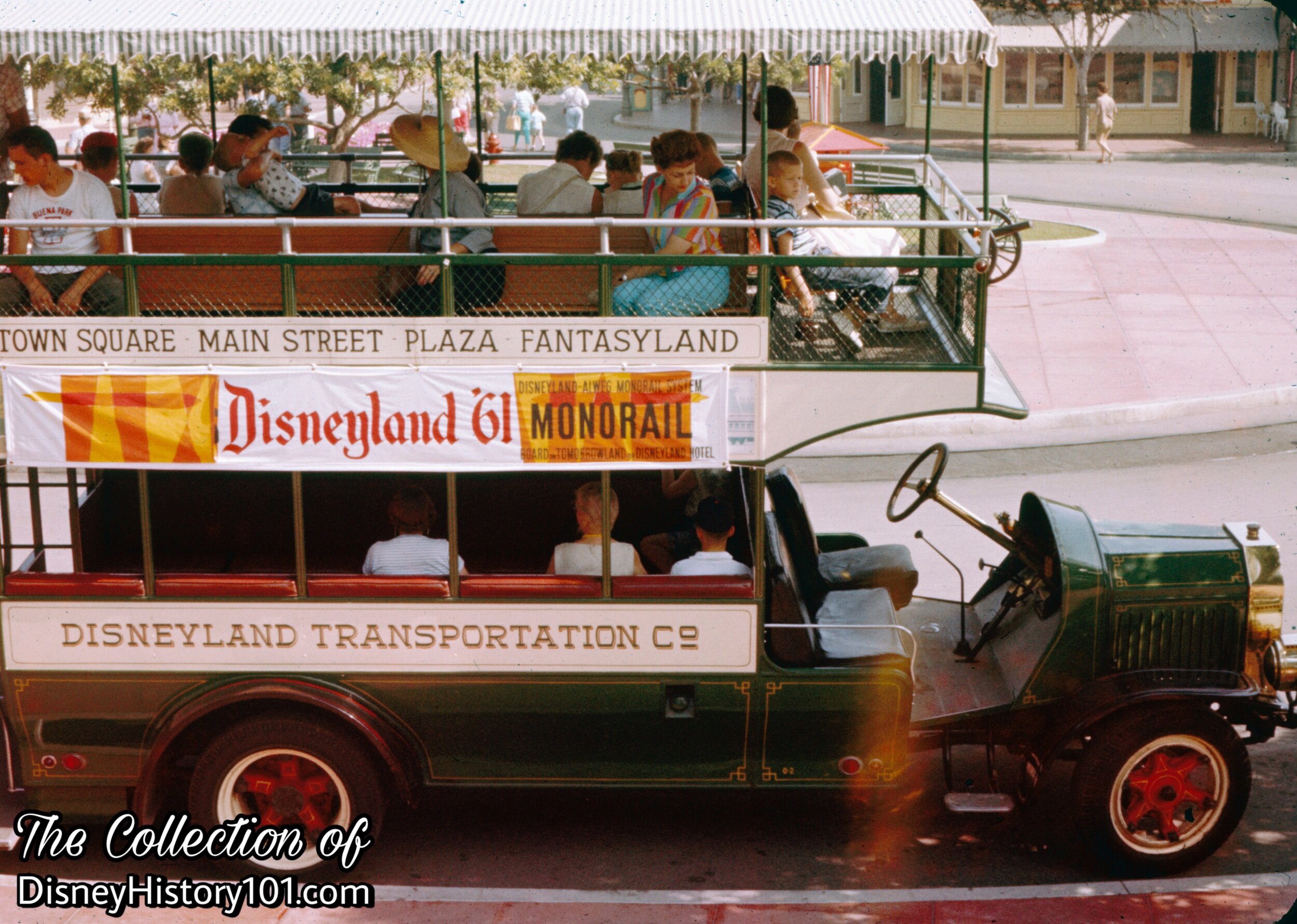 A "Disneyland '61" Banner on the Omnibus advertised the Disneyland-ALWEG Monorail System, (1961)