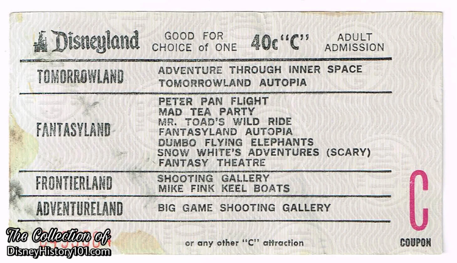 Disneyland Attraction Adult Admission Media "C" Coupon (40¢ Value)