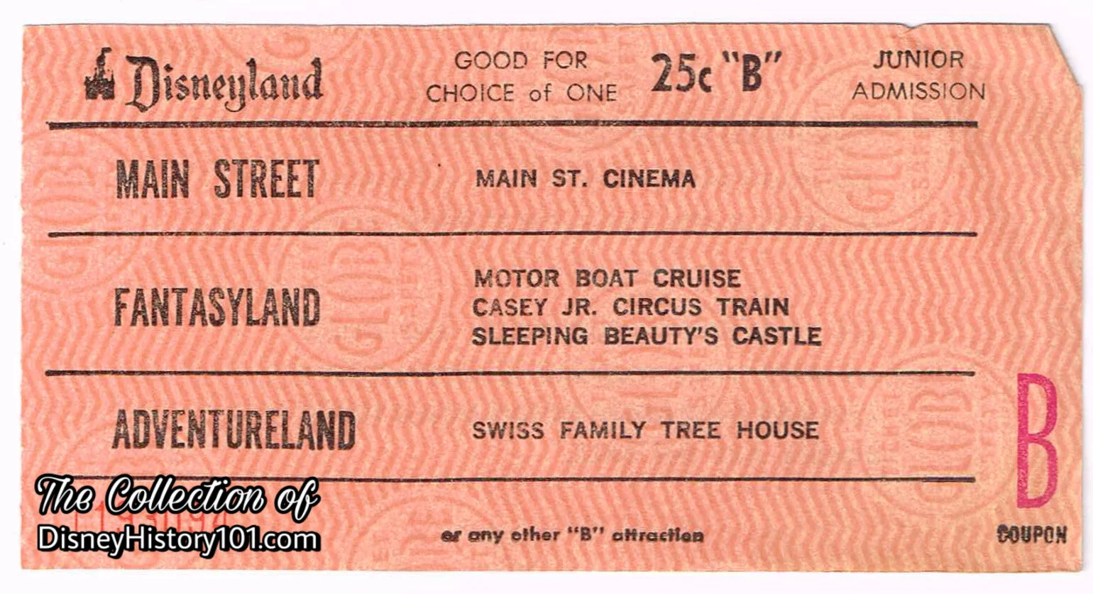 Disneyland "B" Attraction Junior Admission Coupon (25¢ Value)