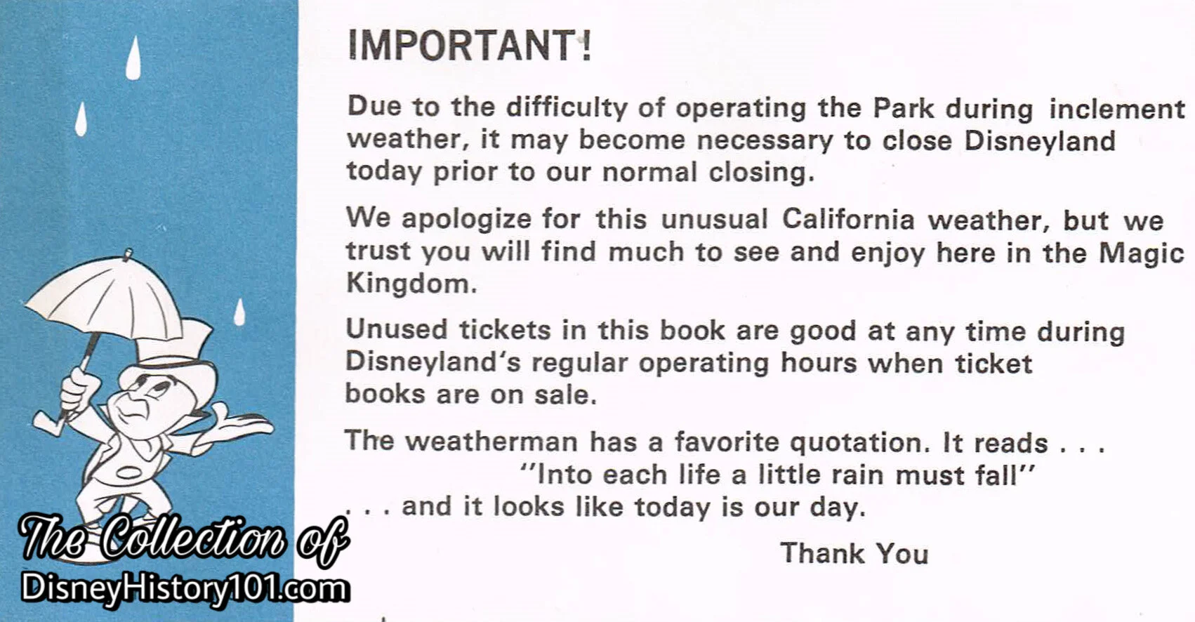 Disneyland Coupon Book Inclement Weather Announcement (D-1210 R-2) , December, 1971. Cards of this style continued to be issued until at least 1982.