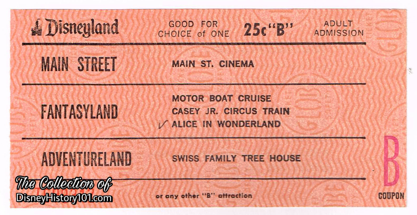 Disneyland "B" Attraction Adult Admission Coupon (25¢ Value)