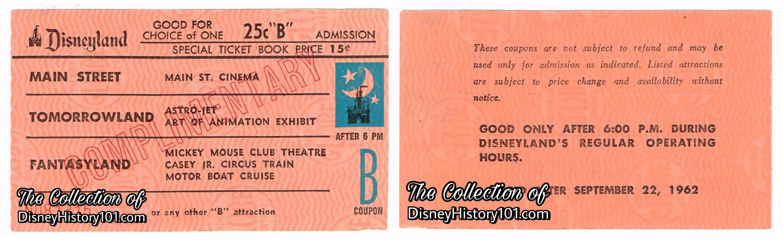 Disneyland Evening "B" Coupon (25¢ Value) admission media, c. 1961 - 1962