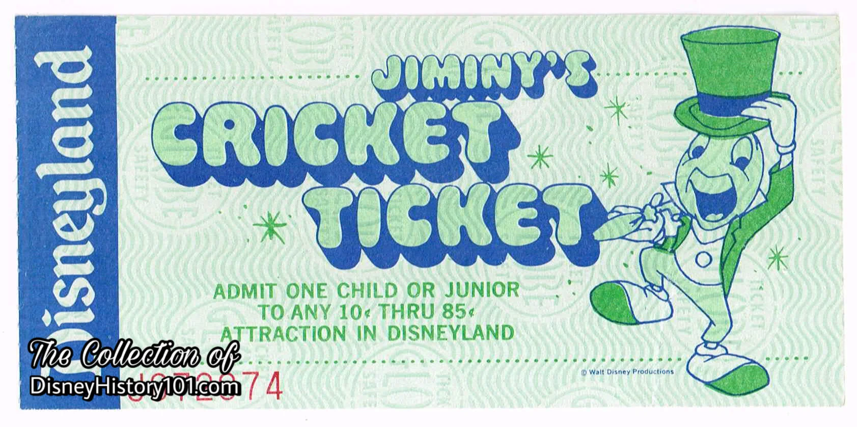Jiminy's Cricket (Child or Junior) Ticket admission media, early 1970s