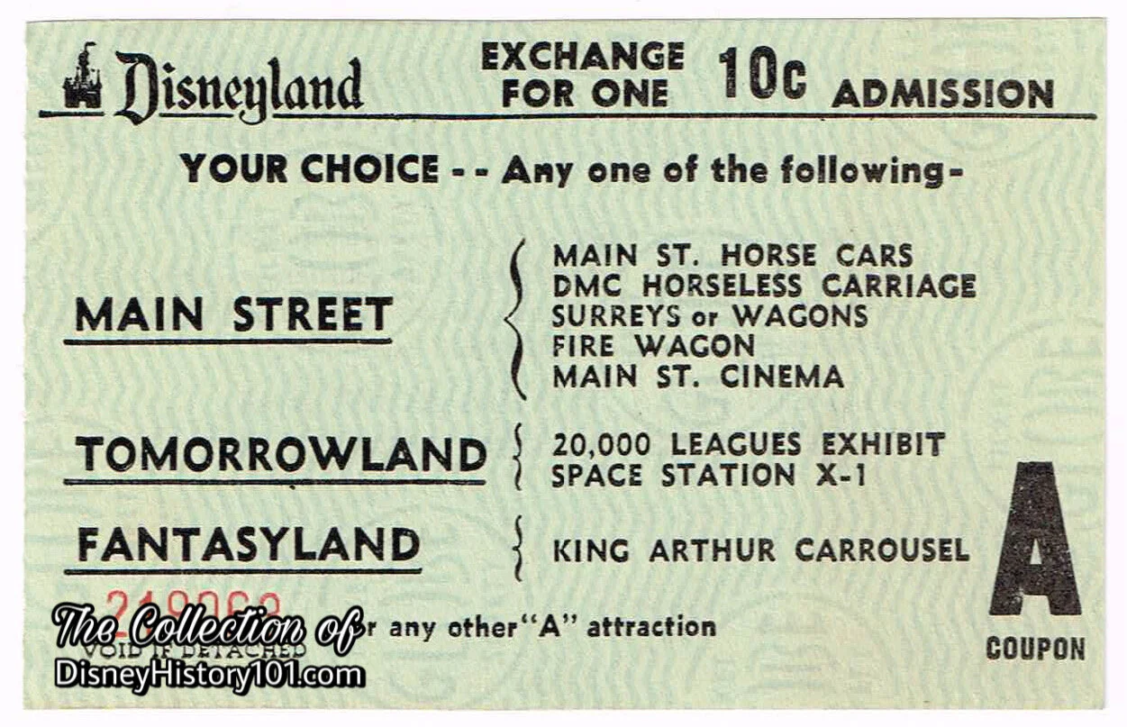 Main Street Cinema admission featured on the Disneyland “A” Coupon (valued at 10¢) of 1956 ABCD Ticket Books.