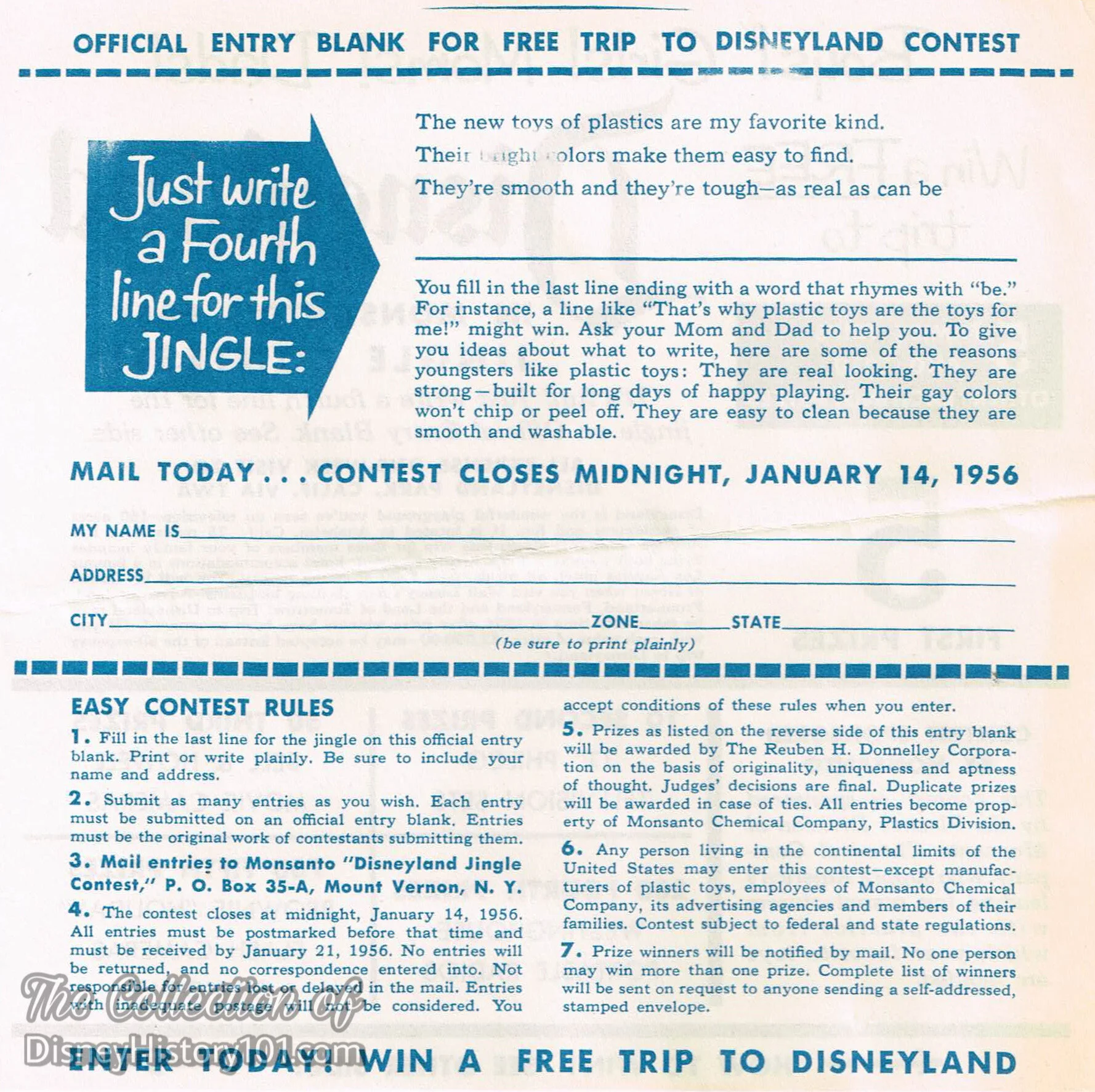 Monsanto Jingle Contest Entry Form, c. late 1955 - January 14, 1956