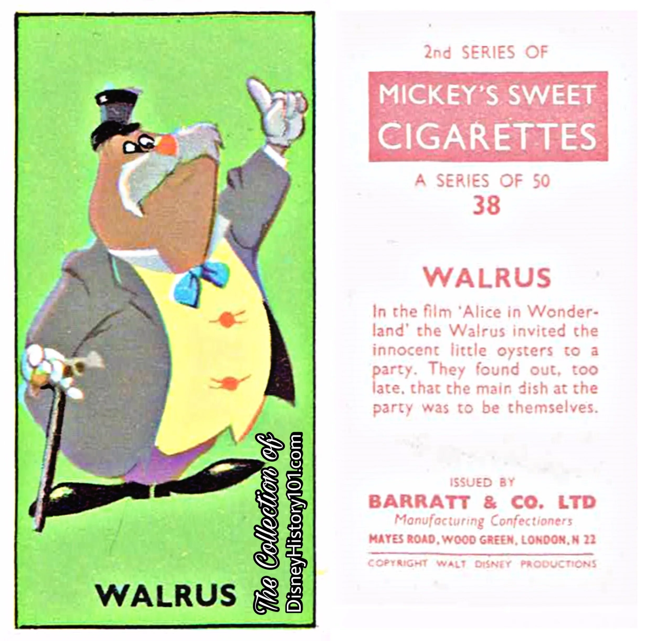 The Walrus holds a cigar on a “Mickey’s Sweet Cigarettes” Collectable Card by Barratt and Co. LTD.