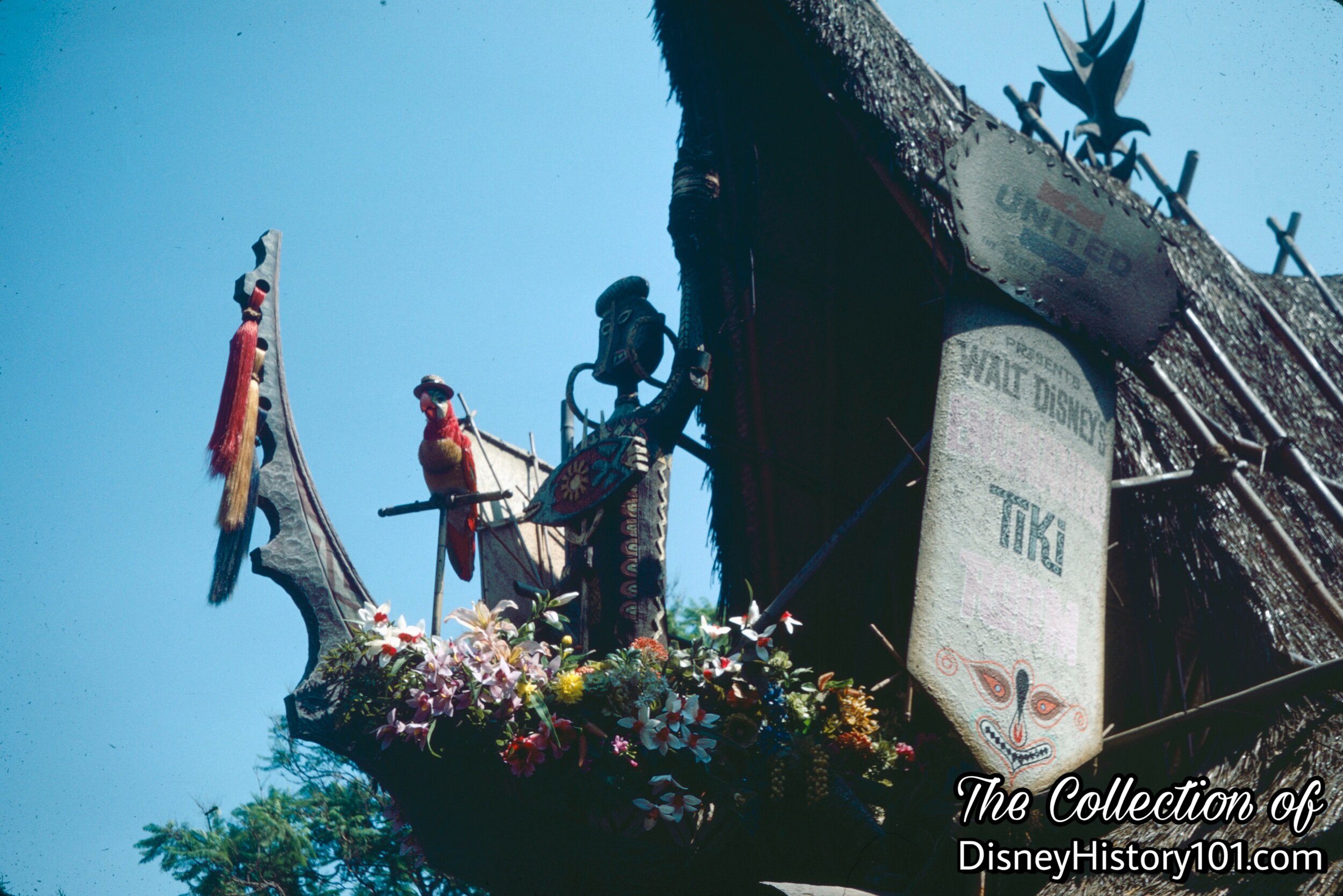 Juan the Barker Bird above the "A" Frame Entrance to Walt Disney's Enchanted Tiki Room, 1967.