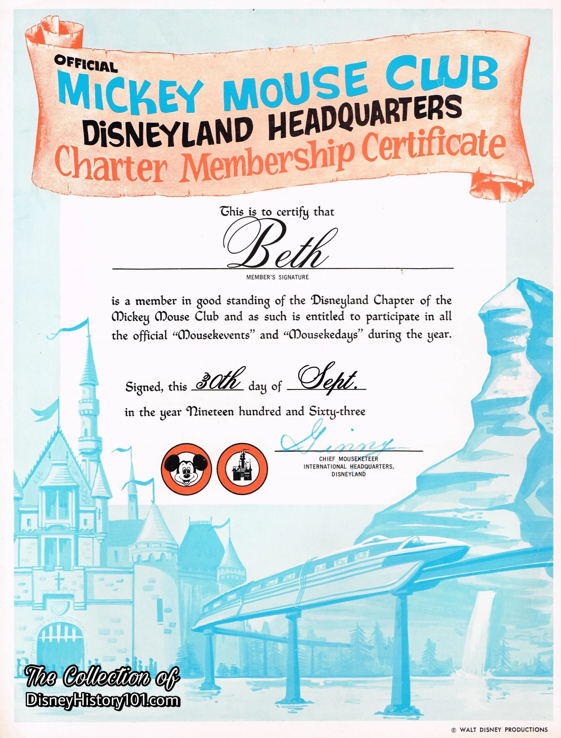 Mickey Mouse Club Disneyland Headquarters Charter Membership Certificate