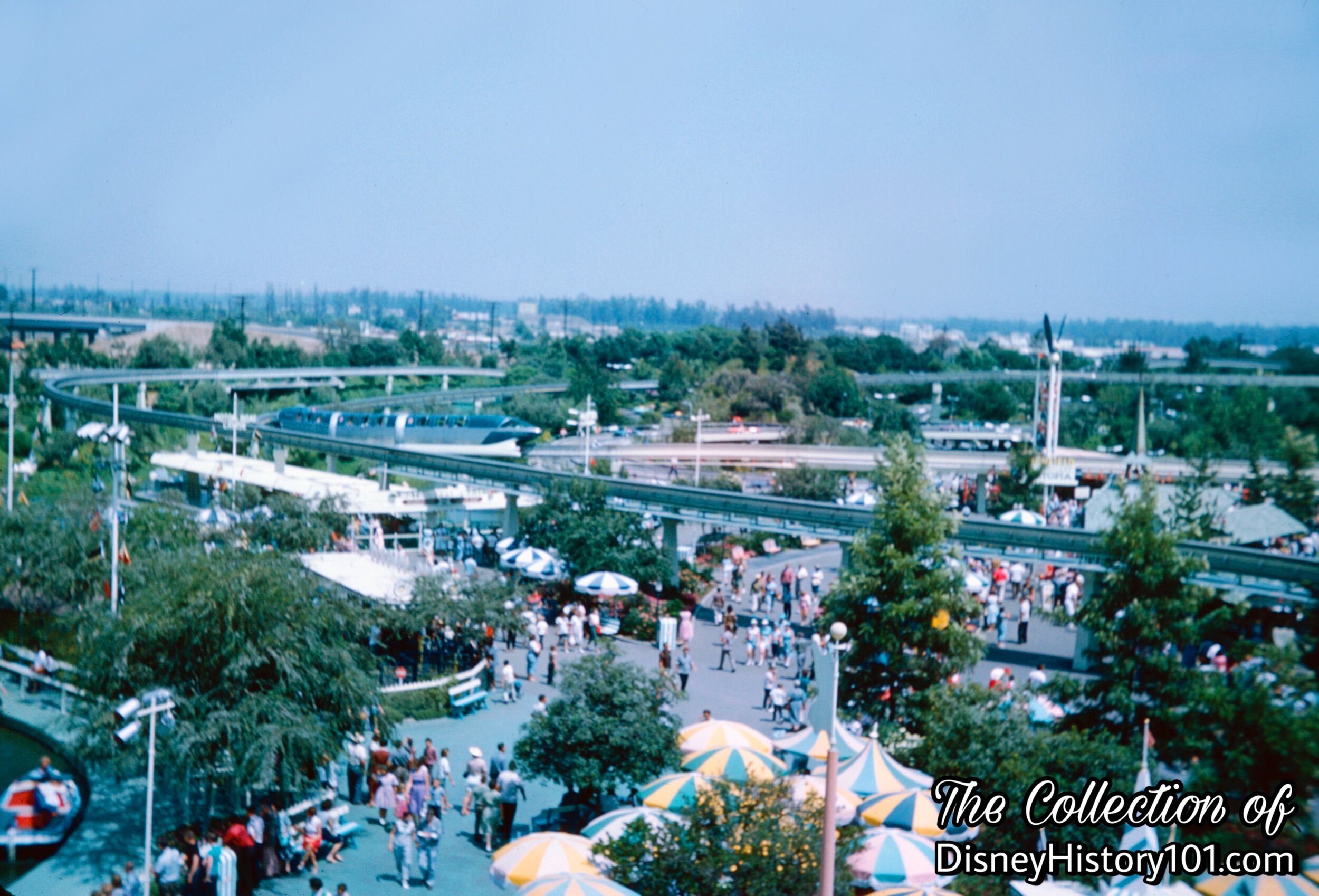 Monorail Blue Mark I over Tomorrowland, August of 1960.