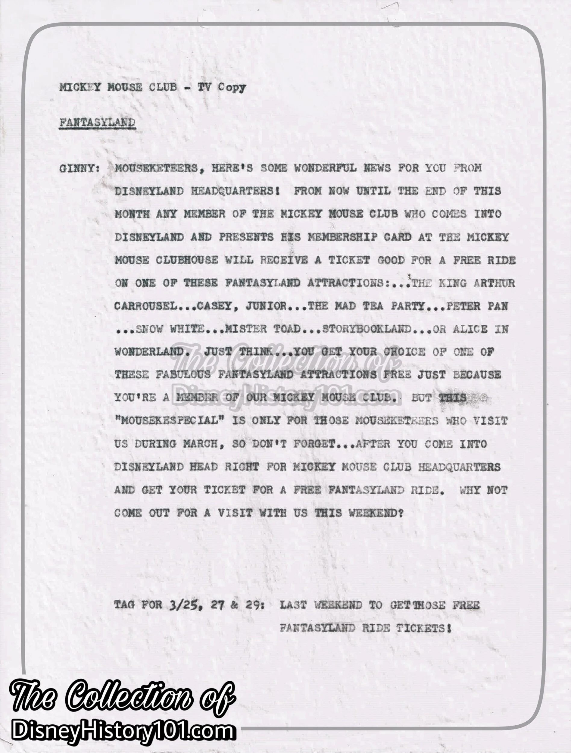 Mickey Mouse Club Promotional Script, 1960s.