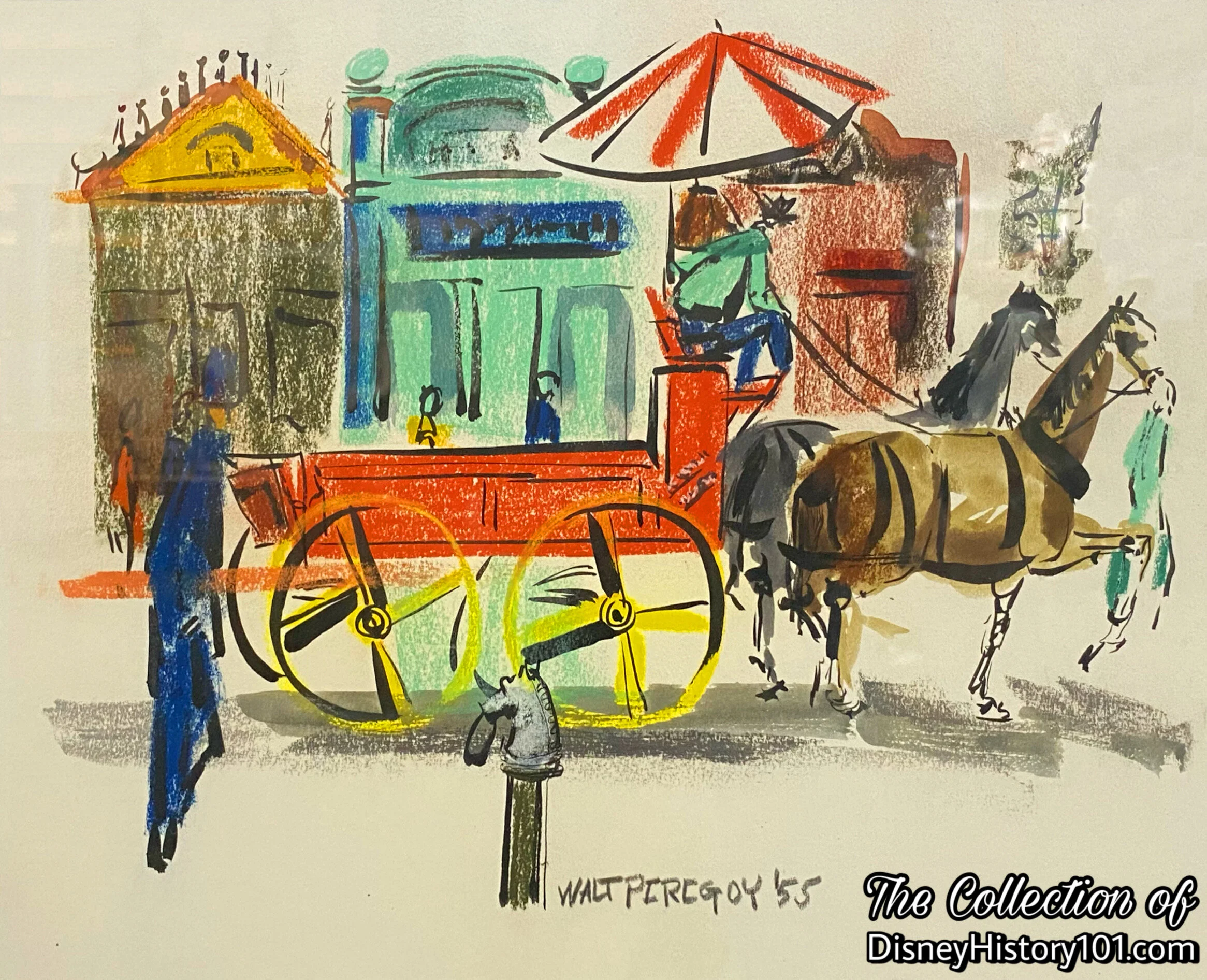 A Walt Peregoy pastel study of the Swift Wagon, likely created during the “Disney Artists” exhibit located between Red Wagon Inn and Plaza Apartments, c.1955.