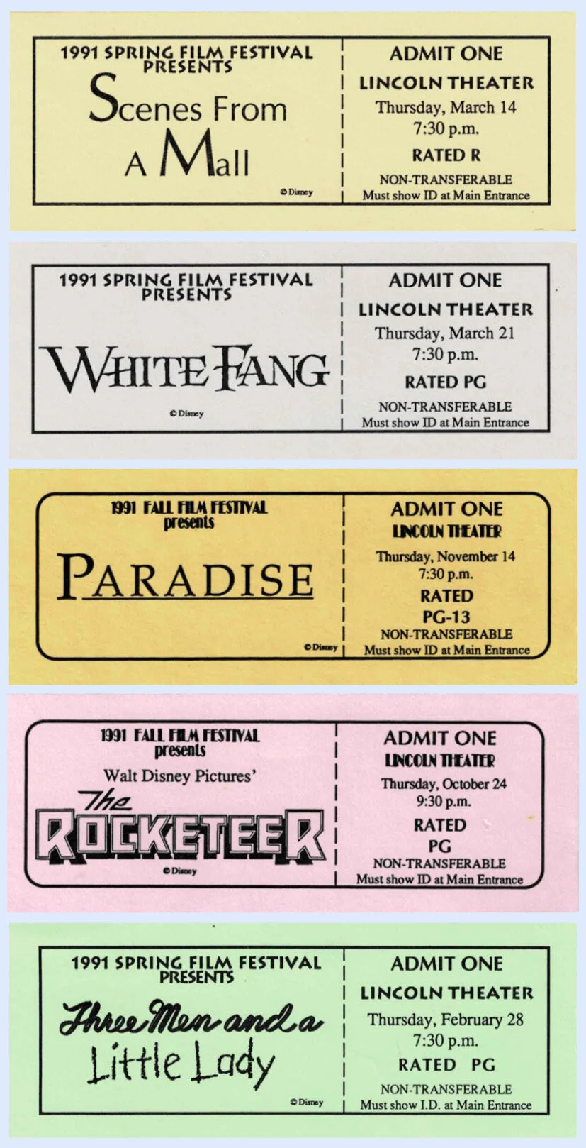 c. 1991 Film Festival at The Lincoln Theater Tickets 