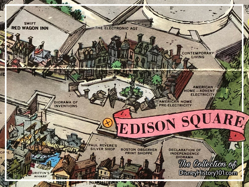 Sam McKim’s Disneyland Map (c. 1958-1964) carried these same details of Edison Square