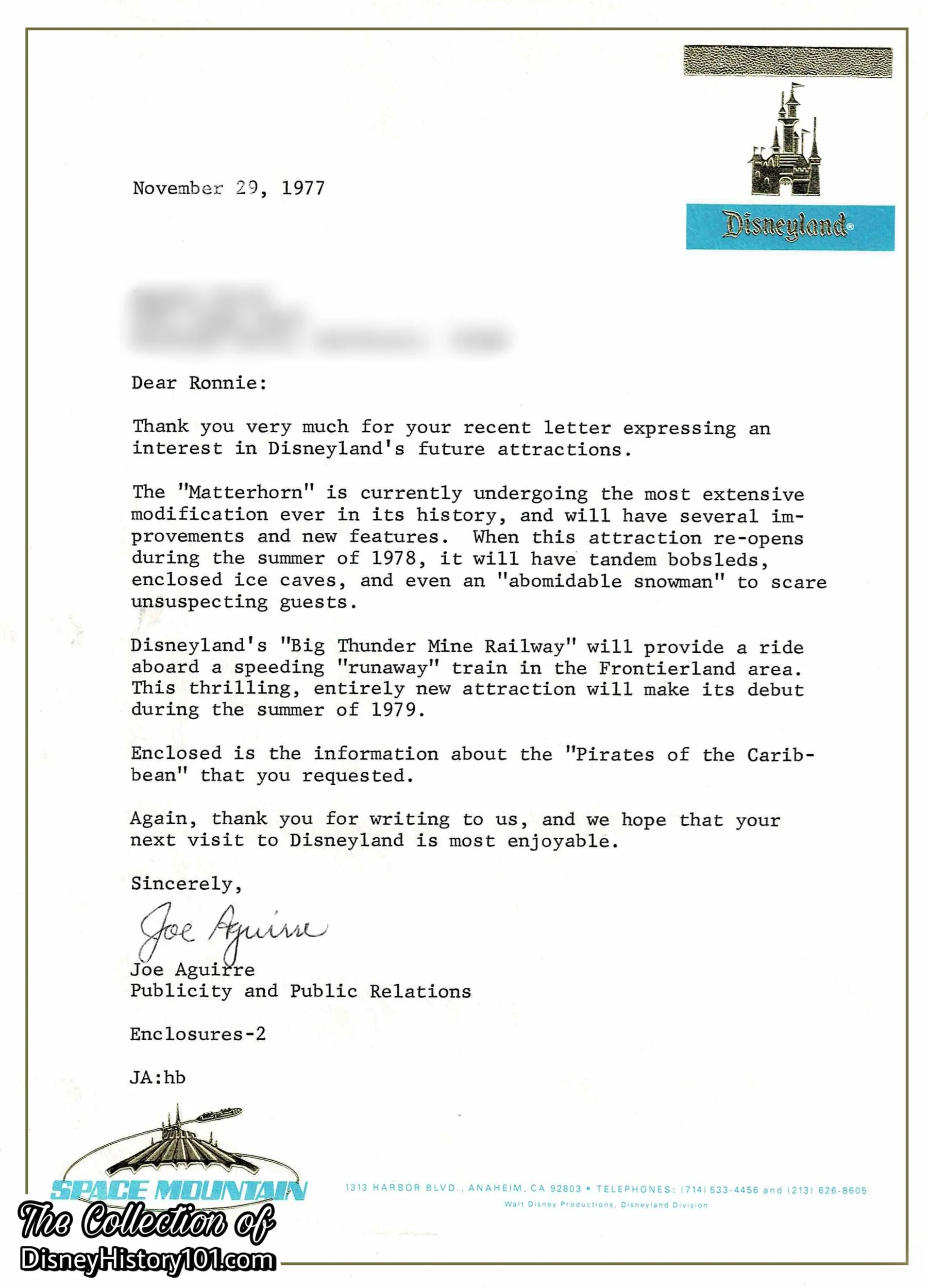 Disneyland Public and Guest Relations Letter Discussing "Big Thunder Mine Railway," (1977)
