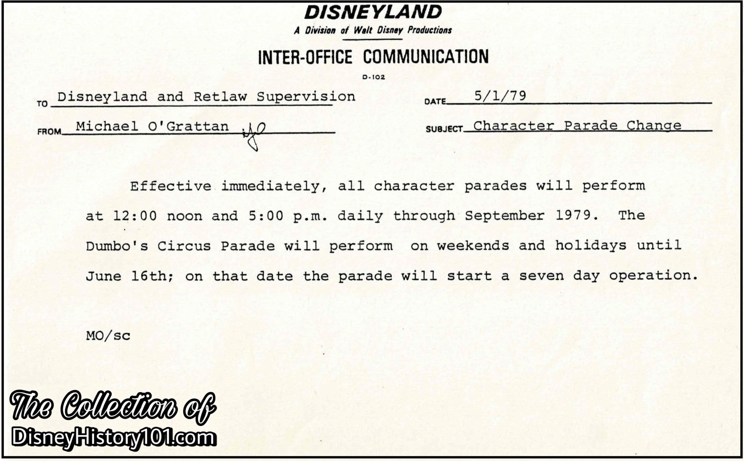 This c. 1979 Inter-Office Communication Alerts Cast Members of a Time Adjustment for Dumbo’s Circus Parade in Place of Character Parades 