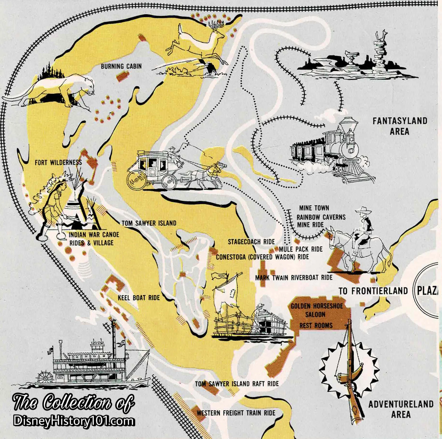 A Complete Guide To Disneyland details Frontierland located on the Westside of Disneyland Park, 1957; © Walt Disney Company.