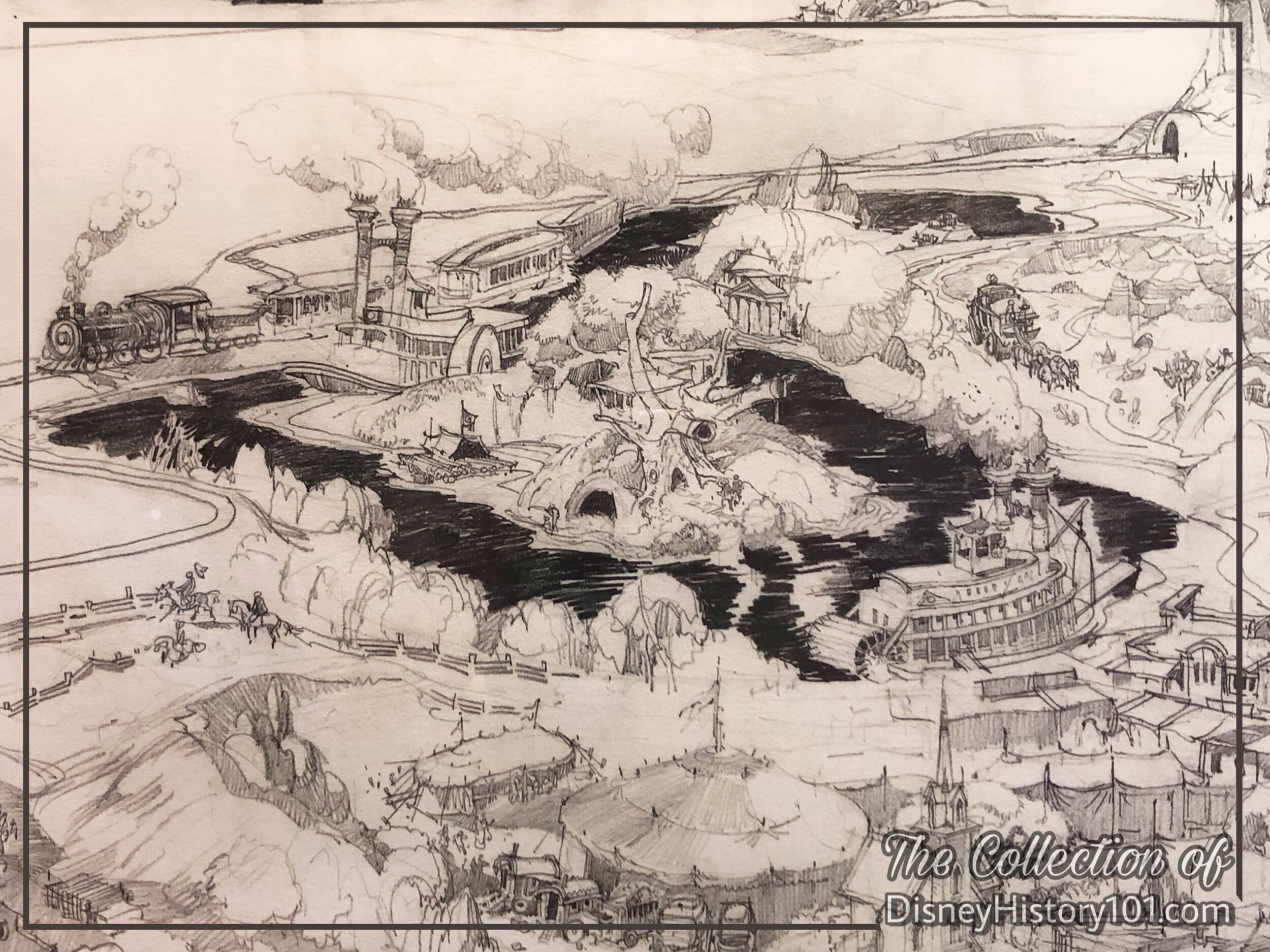 Herb Ryman's "Aerial Over Disneyland" Excerpt features both stern-wheeler and side-wheeler paddle steamers sending billows of steam into the air, originally produced September 26th & 27th, 1953. 