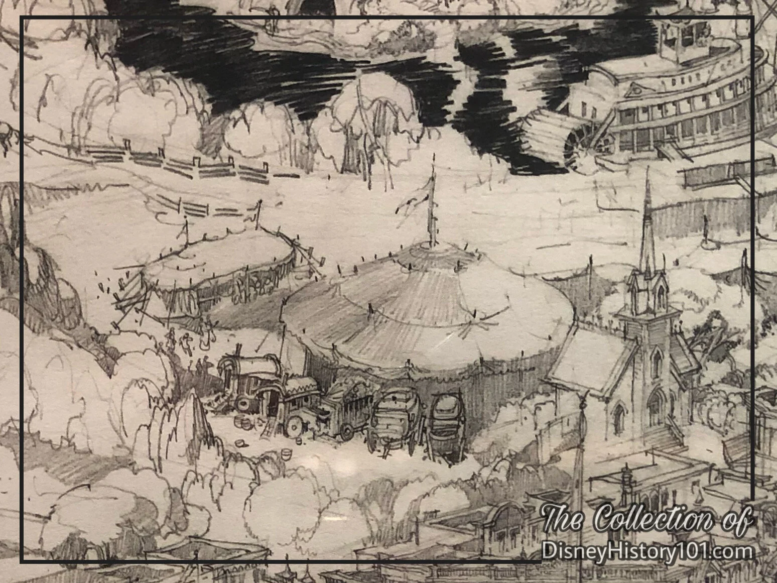 Circus tents appear in Herb Ryman's “Schematic Aerial View of Disneyland” Excerpt, originally produced September 26 & 27, 1953.