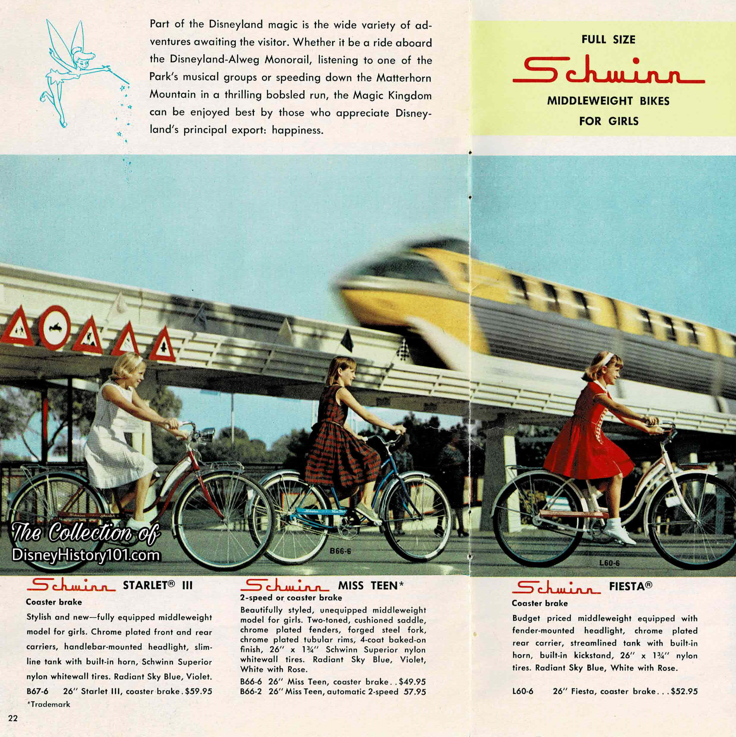 The transportation of today and tomorrow is showcased in a “Schwinn Takes A Trip To Disneyland” Catalogue Excerpt; published 1966.