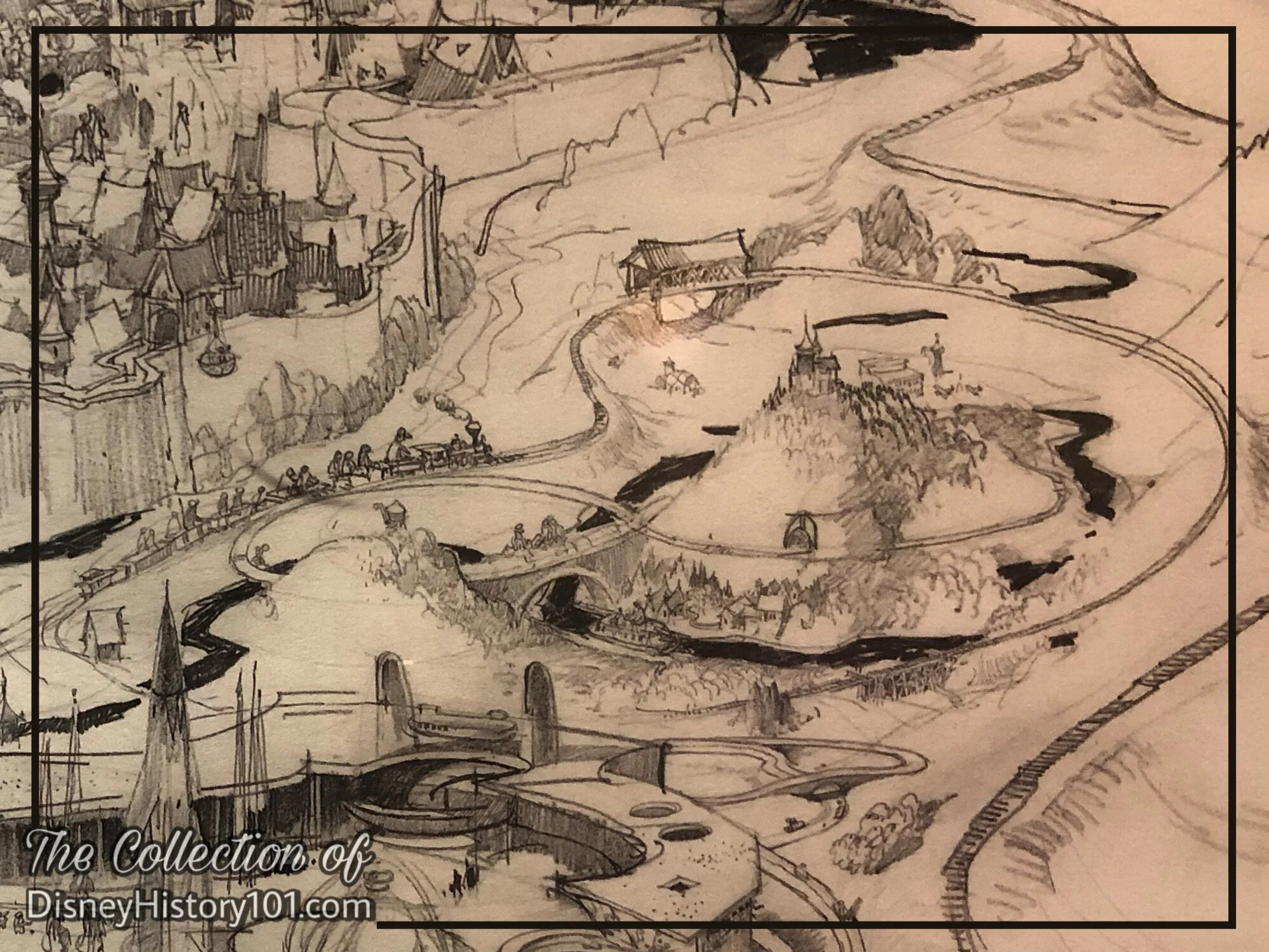 Herb Ryman's "Aerial View Over Disneyland" Excerpt depicts an efficient use of space; a little train and what appears to be Storybook Land, originally produced September 26 & 27, 1953.