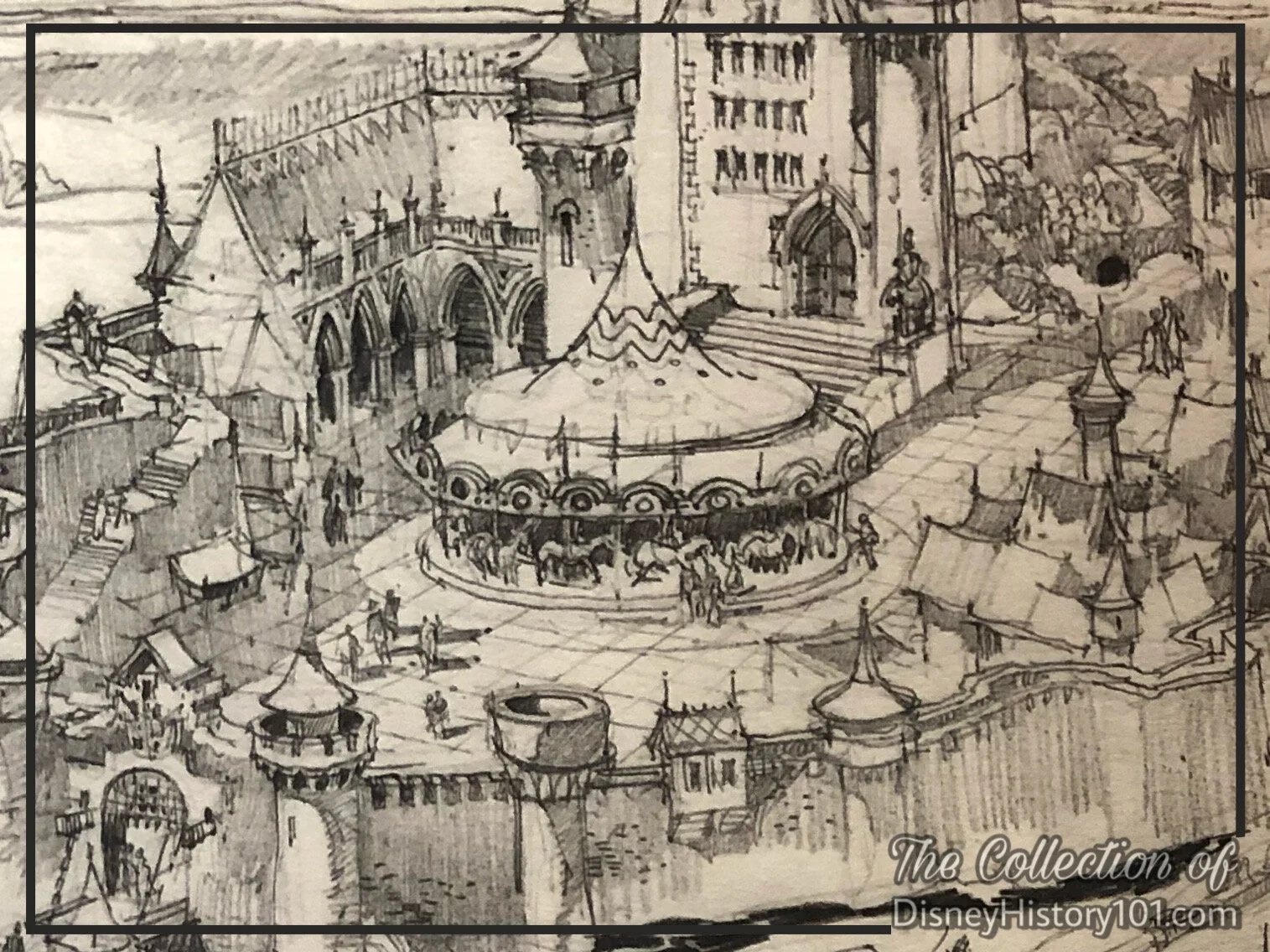 “Draw Concept” - Herb Ryman's "Aerial View Over Disneyland" Excerpt, originally produced September 26 & 27, 1953; © Walt Disney Company.