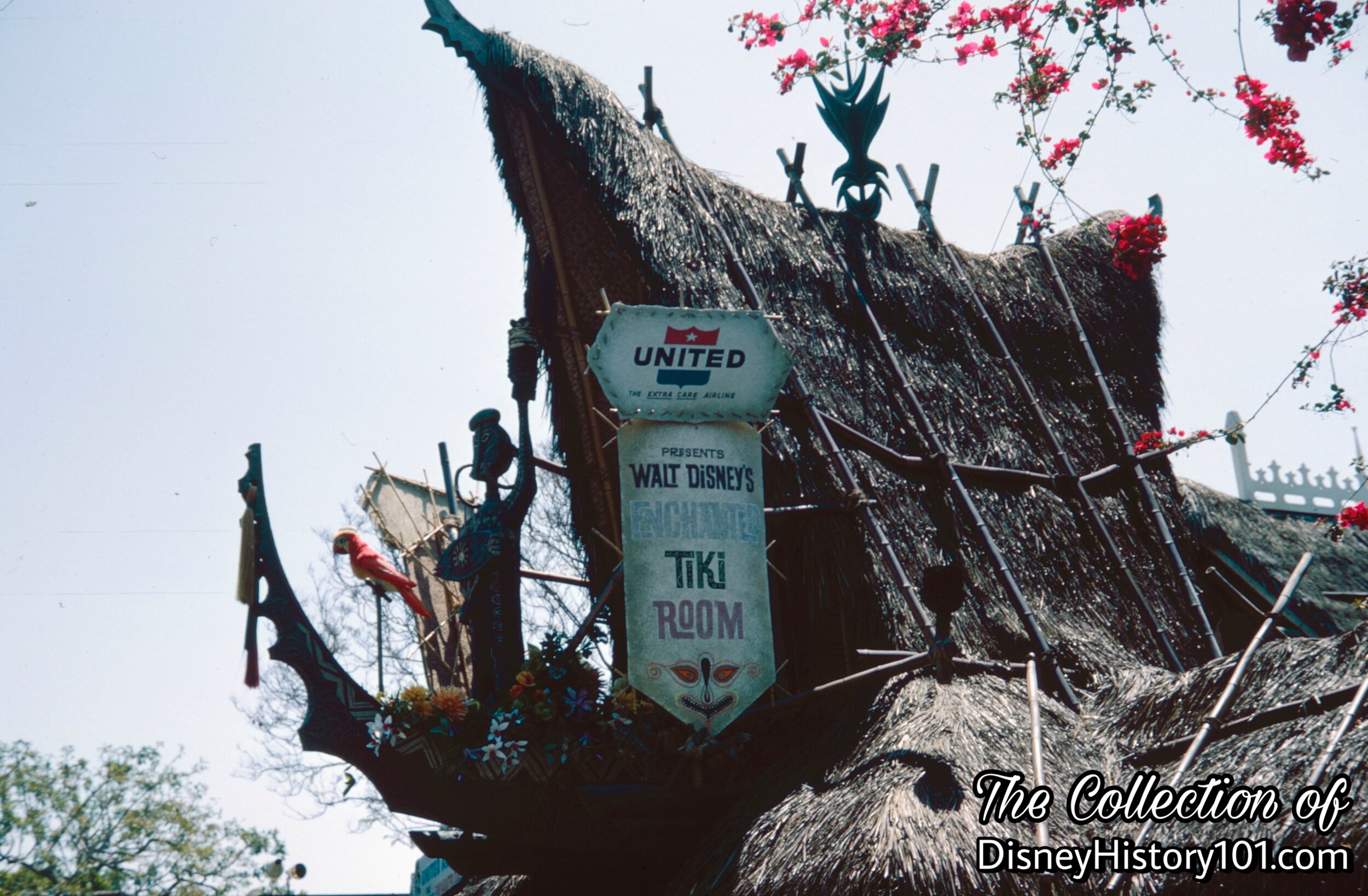 Juan the Barker Bird above the "A" Frame Entrance to Walt Disney's Enchanted Tiki Room