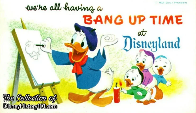 Donald Duck (and Heuy, Dewey & Louie) "We're All having a Bang-Up Time at Disneyland" Souvenir Art Corner Postcard Exclusively Designed for Disneyland by Art Corner Artists 