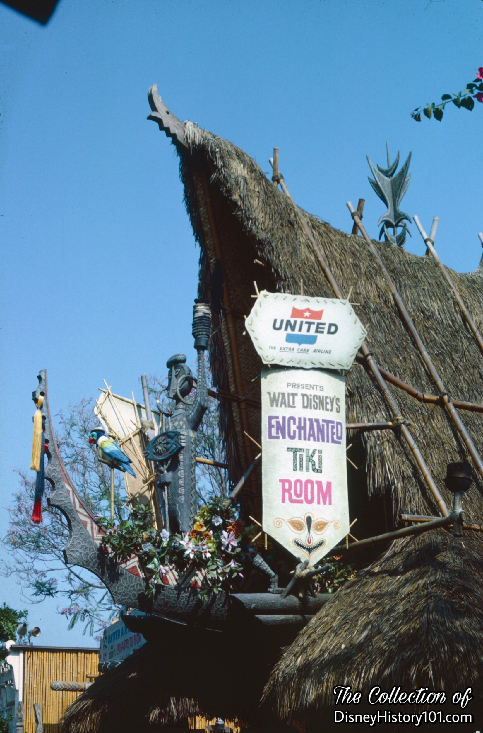 Juan the Barker Bird above the "A" Frame Entrance to Walt Disney's Enchanted Tiki Room