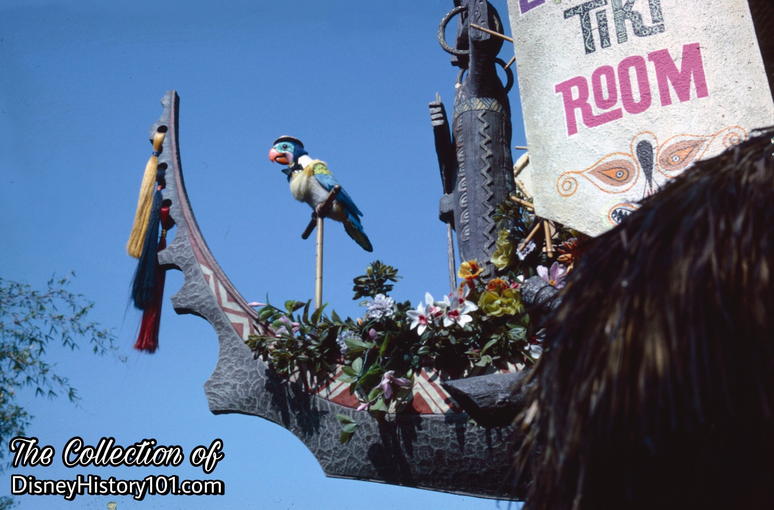 Juan the Barker Bird above the "A" Frame Entrance to Walt Disney's Enchanted Tiki Room