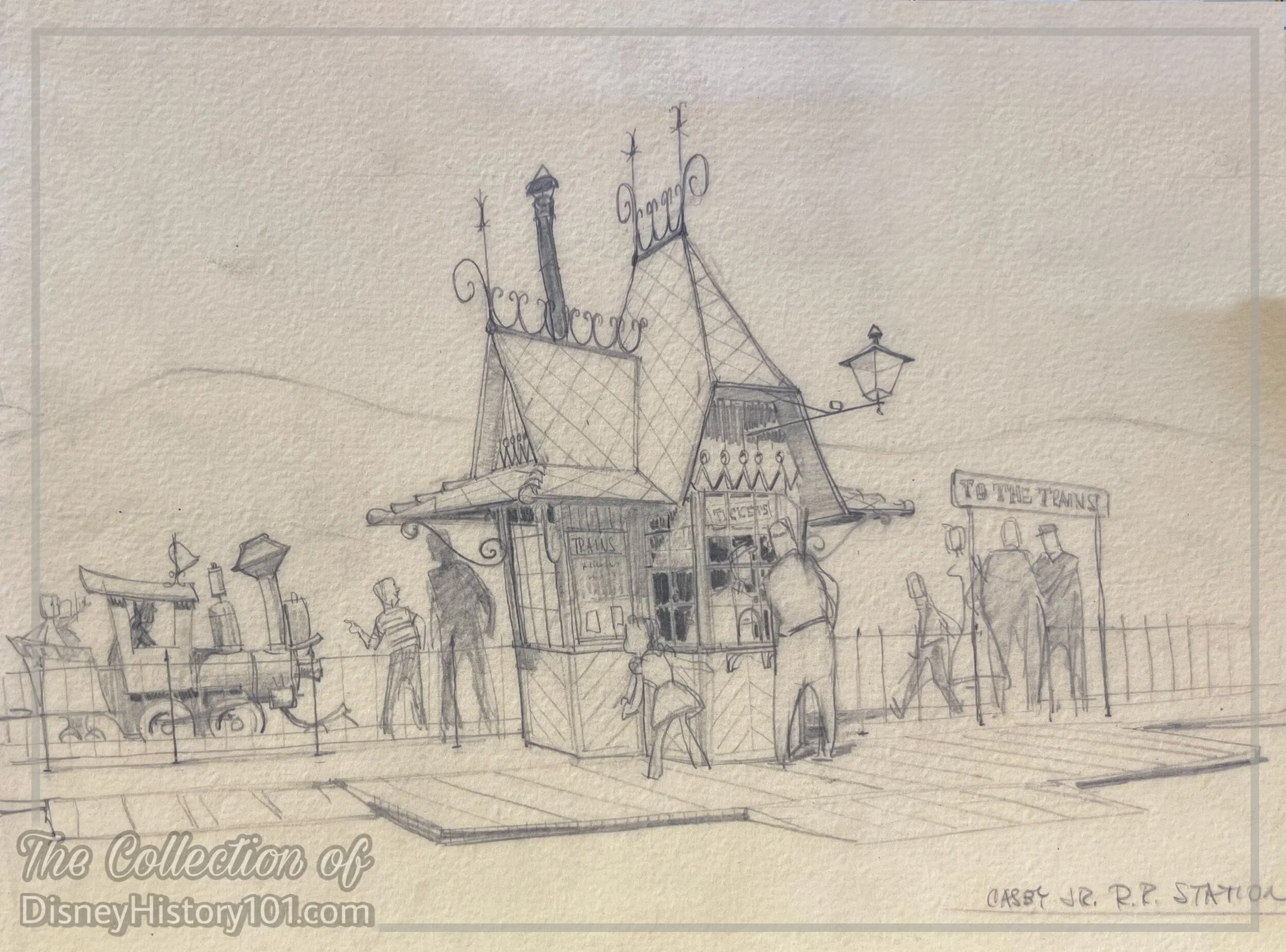 “Draw Concept” - Bruce Bushman Fantasyland Ticket Booth (Casey Junior Depot) Facsimile at Walt’s Carolwood Barn Museum, 1954; Walt Disney Imagineering Collection ©️Disney.